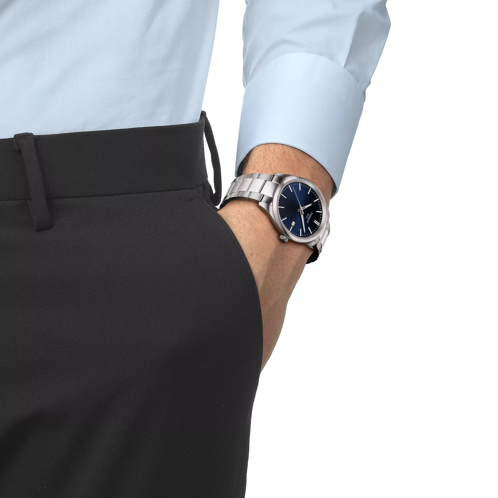 Close-up of a person wearing a silver watch with a blue face on a white background