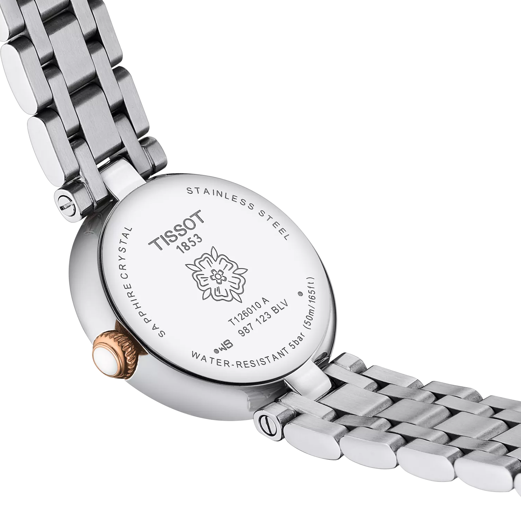 Close-up of a Tissot watch with a metal bracelet on a white background