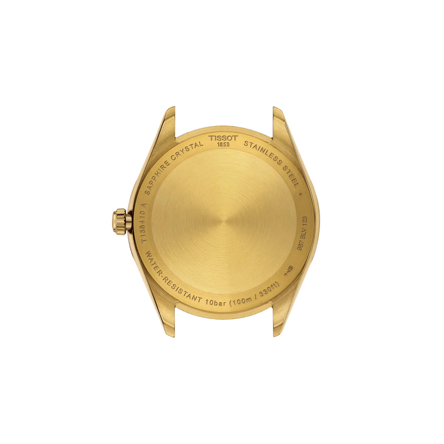 Gold watch case with Tissot branding on a white background
