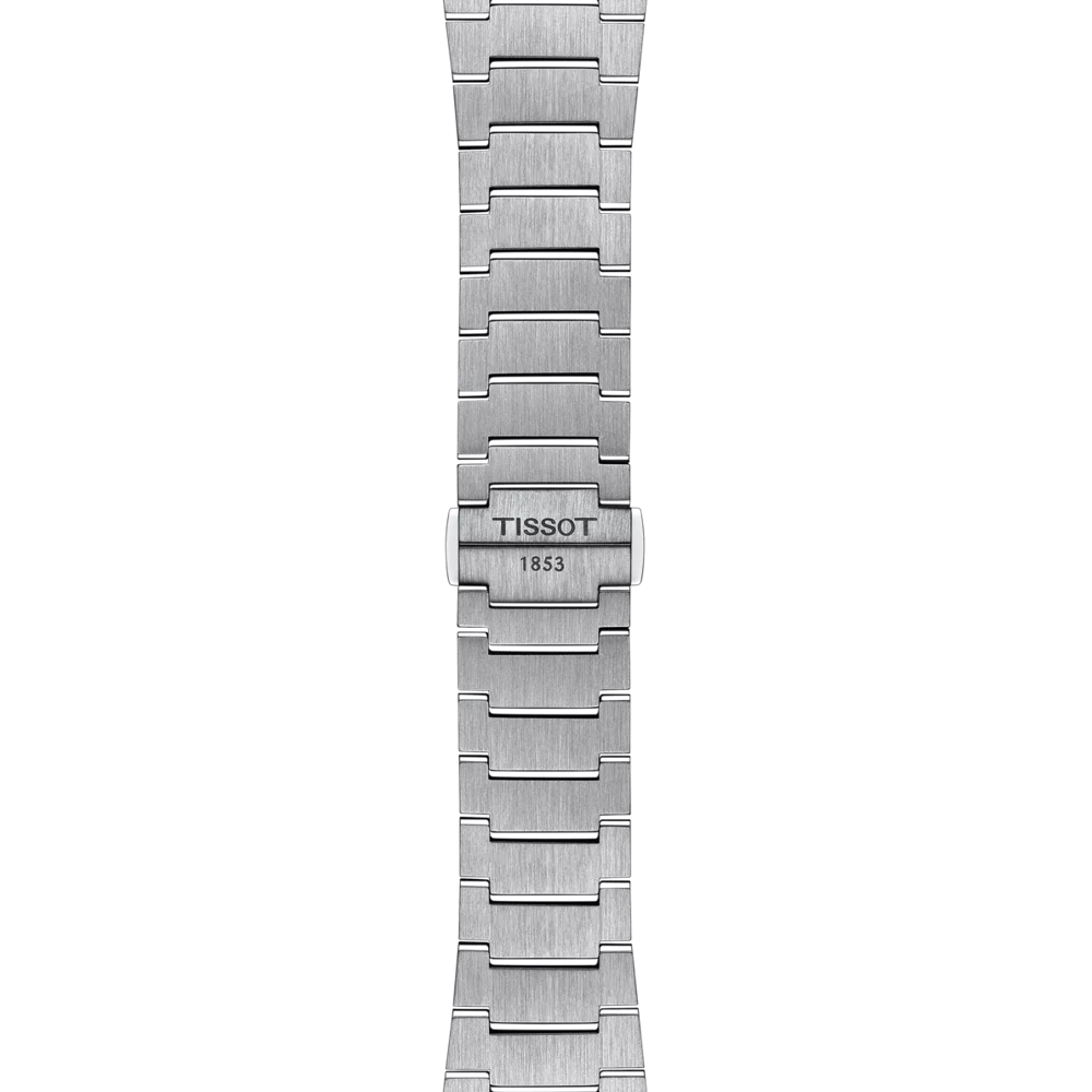 Silver watch strap with Tissot branding on a white background