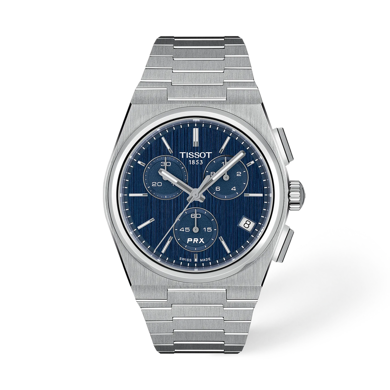 Front view of Tissot PRX T137.417.11.041.00 with blue chronograph dial, date display and stainless steel bracelet.