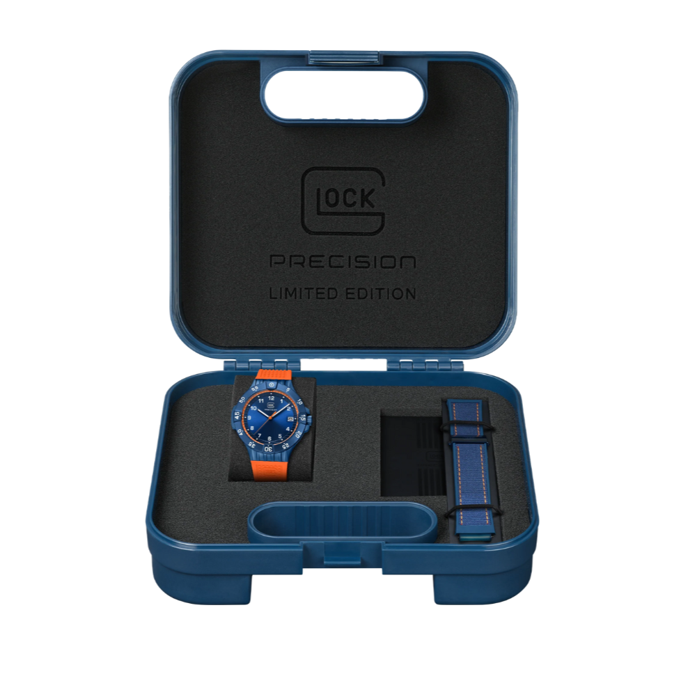 Limited Edition Blue Stainless Steel Interchangeable Orange & Blue Rubber Strap Glock Watch in the case it comes in