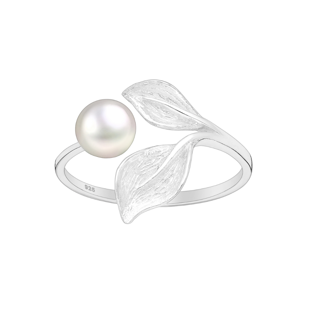 Sterling Silver Leaf and Pearl Adjustable Ring