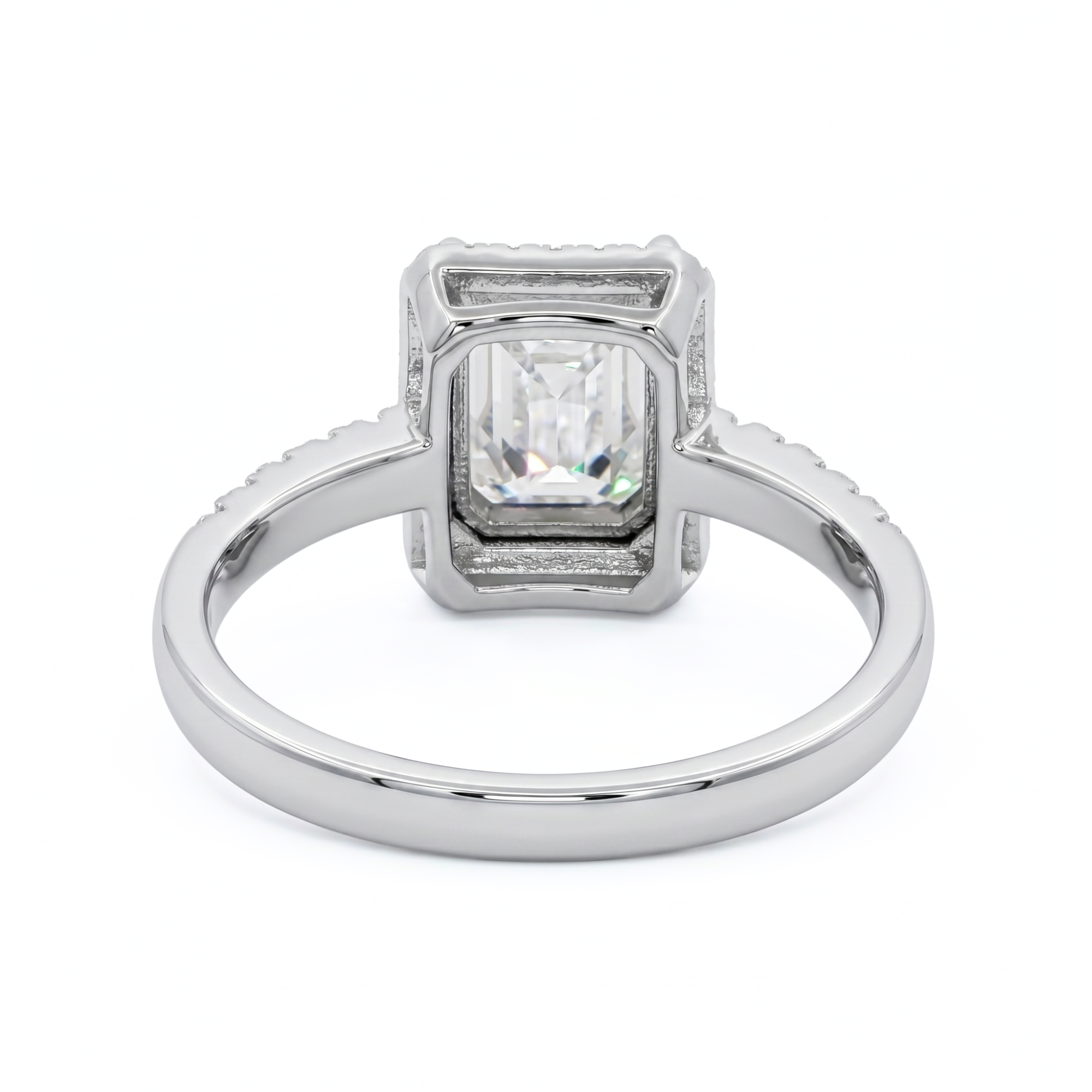 Sterling Silver Emerald-Cut Moissanite Halo Accented Engagement Ring