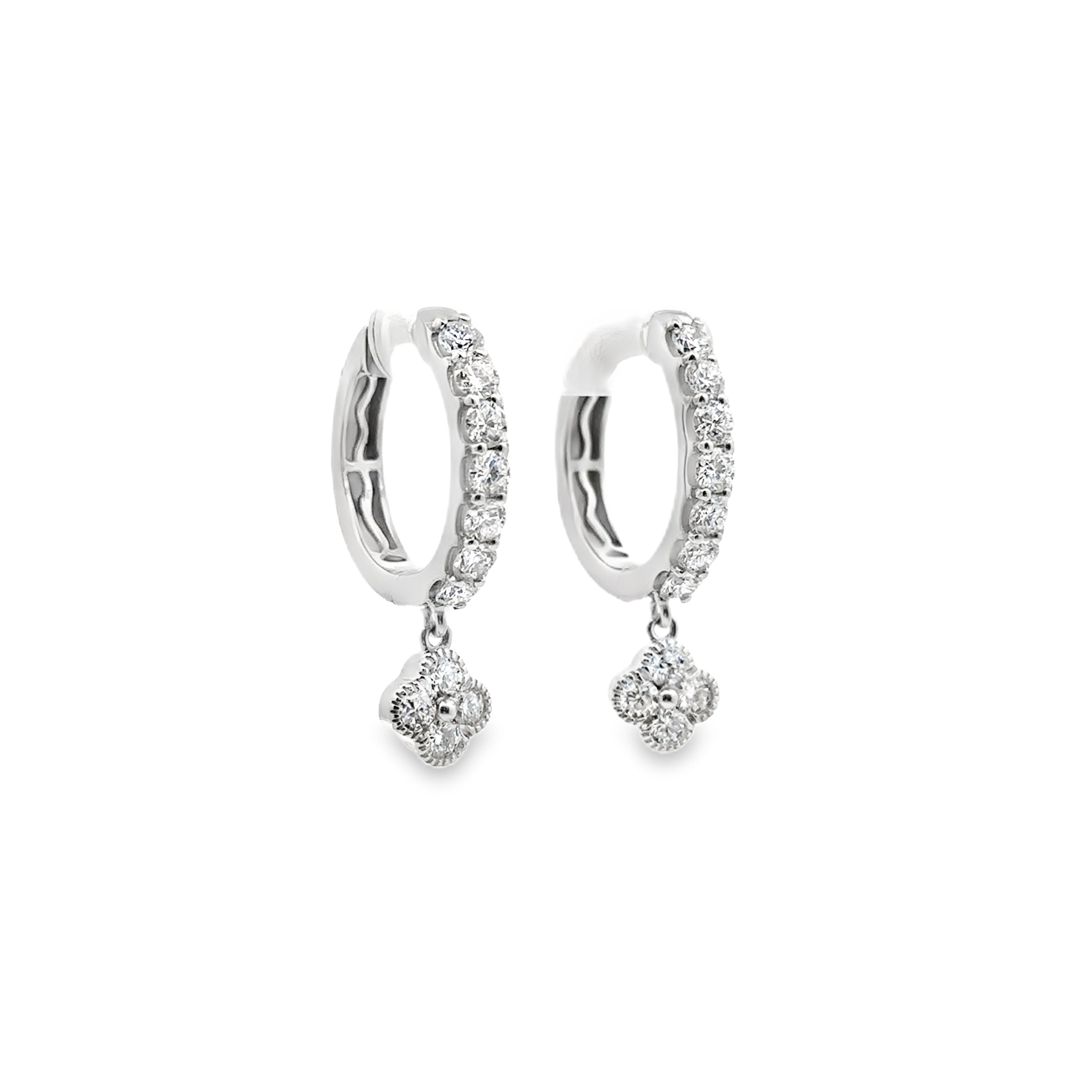 Side view of Sterling Silver 2CTW. Lab-Grown Diamond Clover Dangle Hoop Earrings