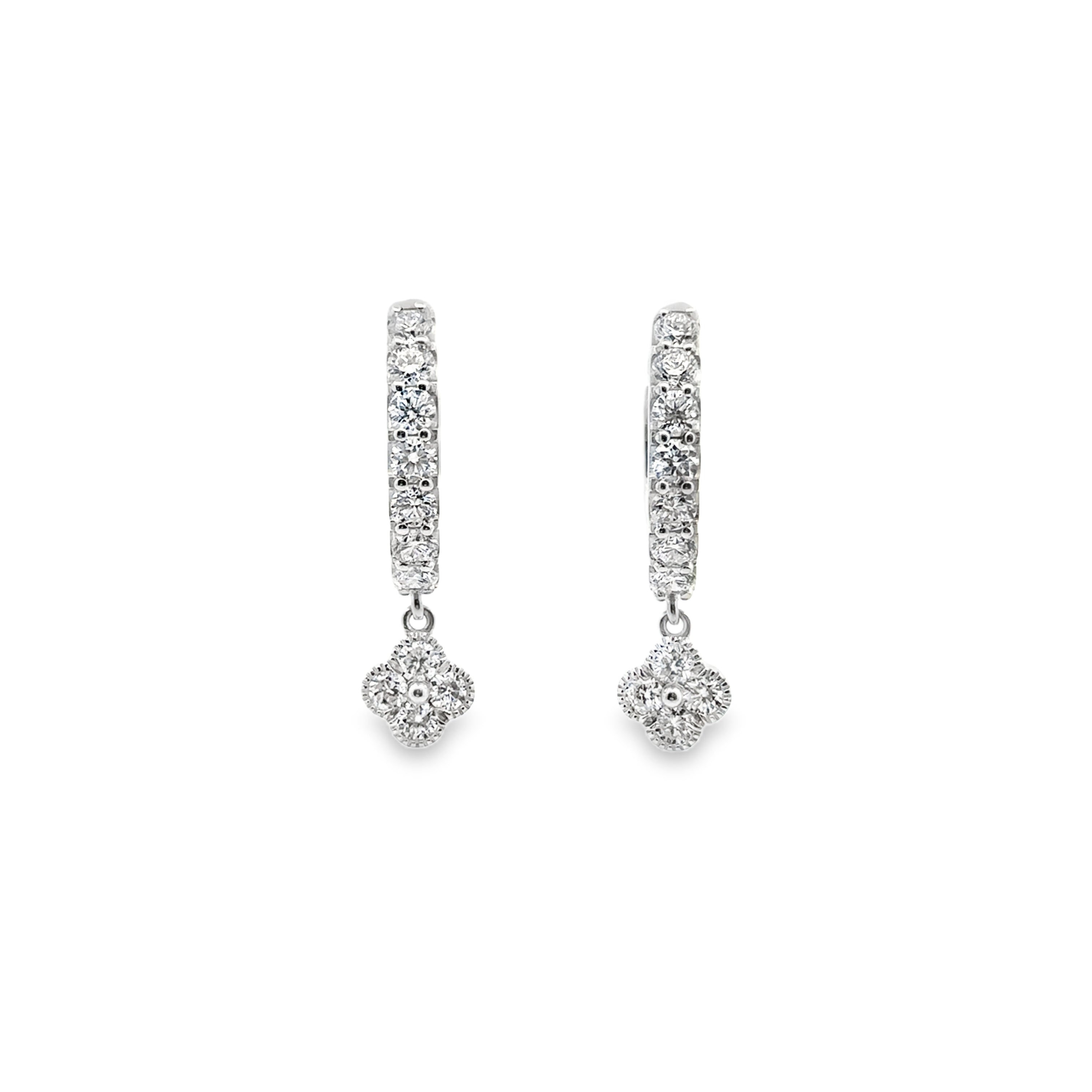 Front view of Sterling Silver 2CTW. Lab-Grown Diamond Clover Dangle Hoop Earrings