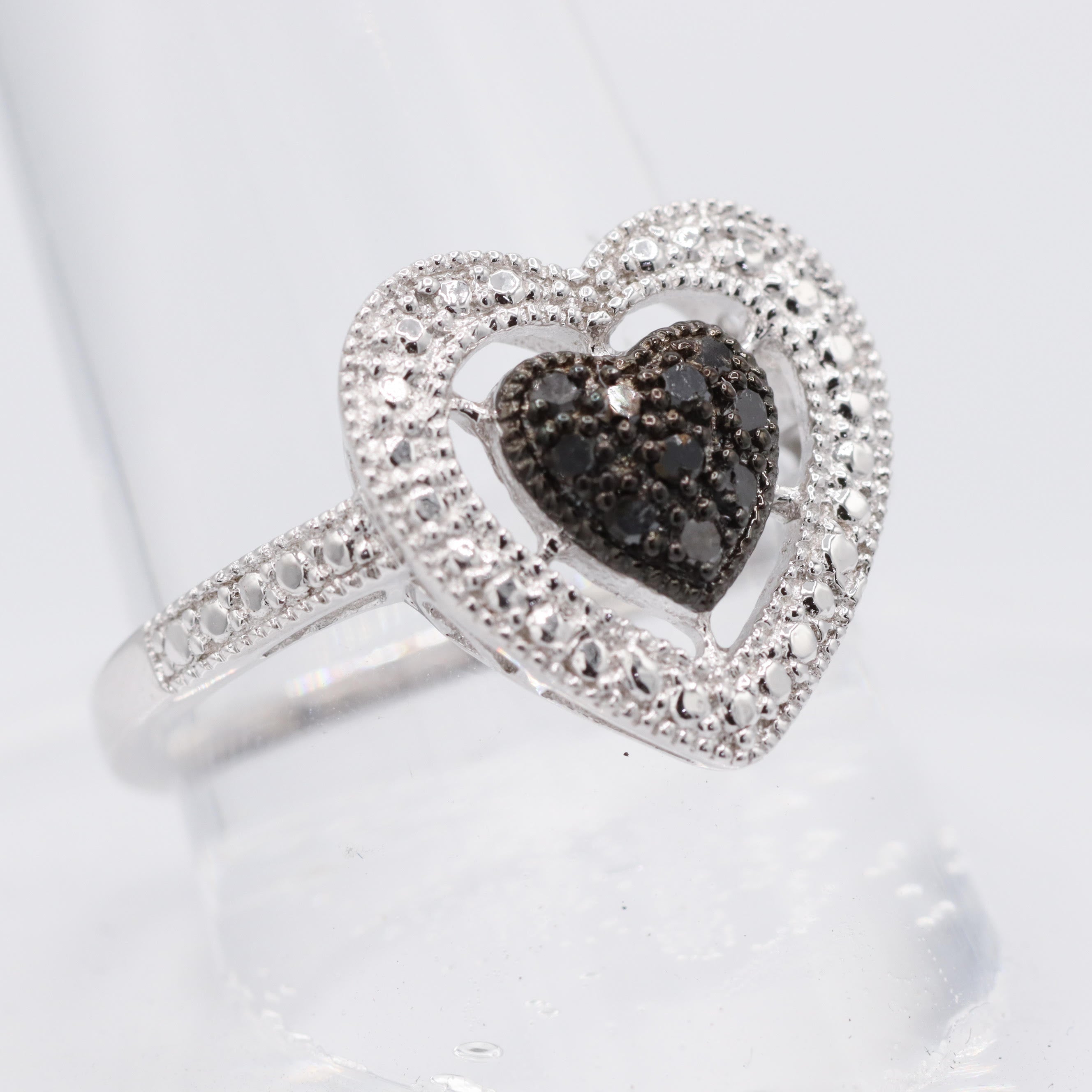 Sterling Silver Black Diamond Heart Halo Cluster Ring