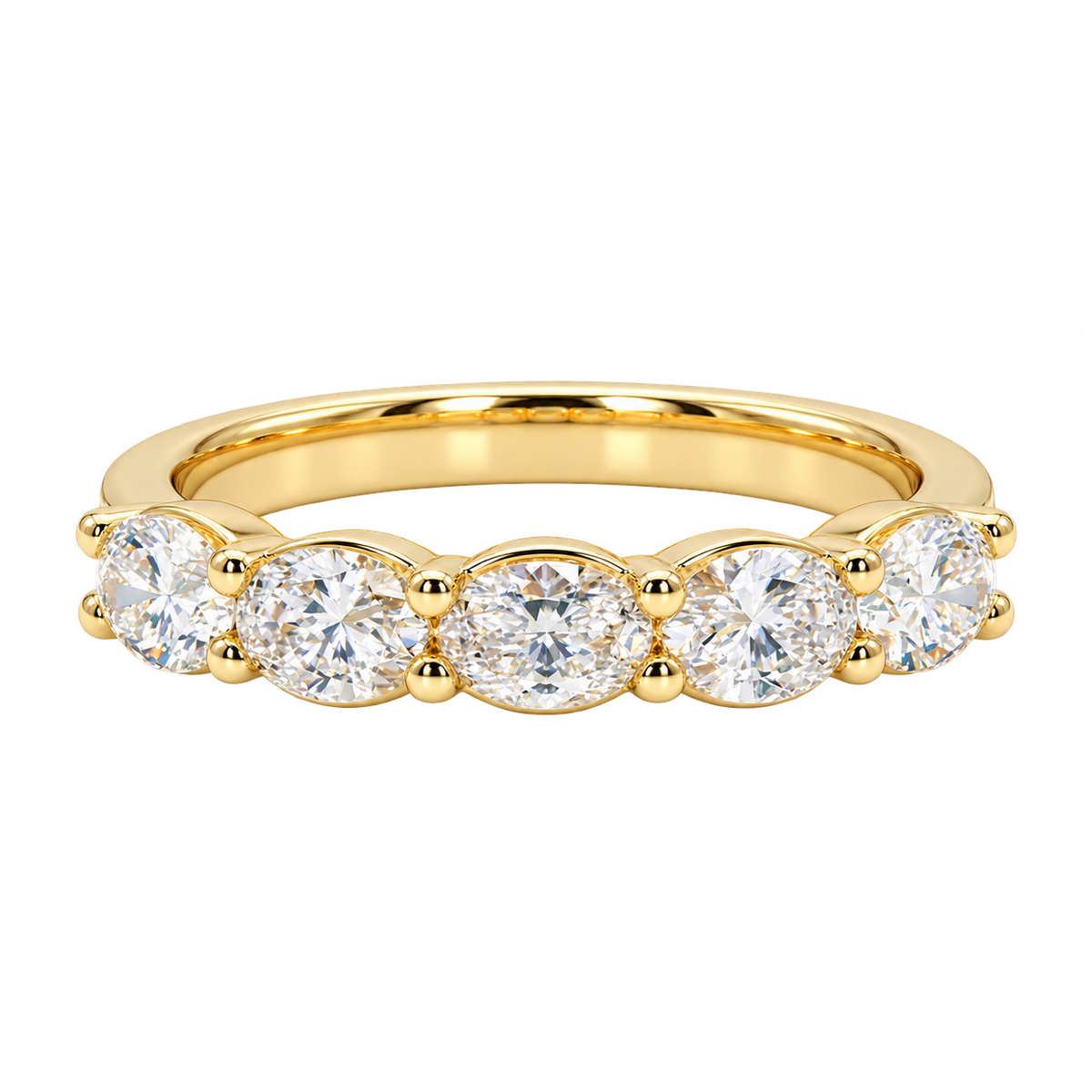 Front view of the 14K yellow gold five-stone band with 1.25CTW. east-west oval lab-grown diamonds in prong settings, SKU 130107.