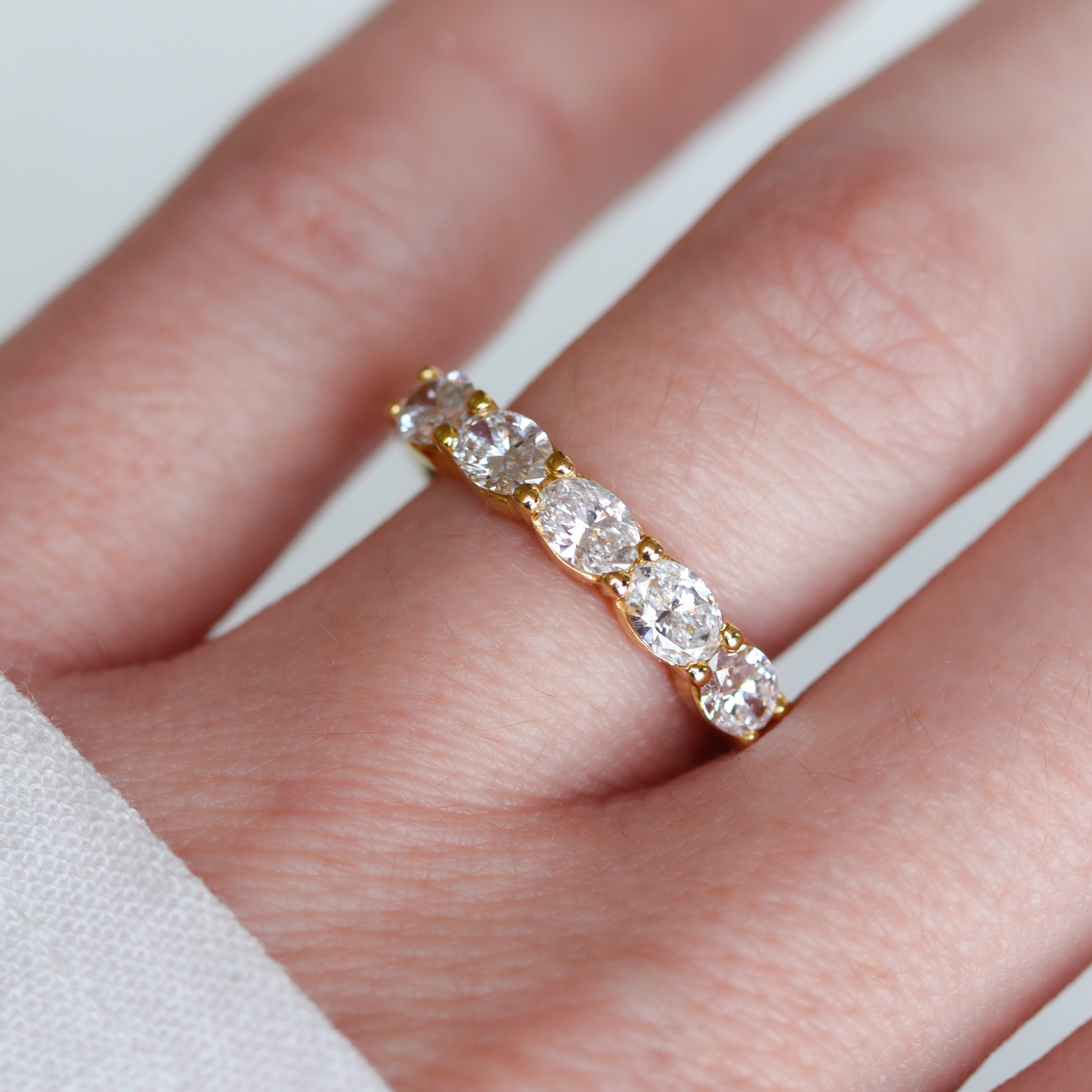 top-down view of 5-Stone oval ring on a finger