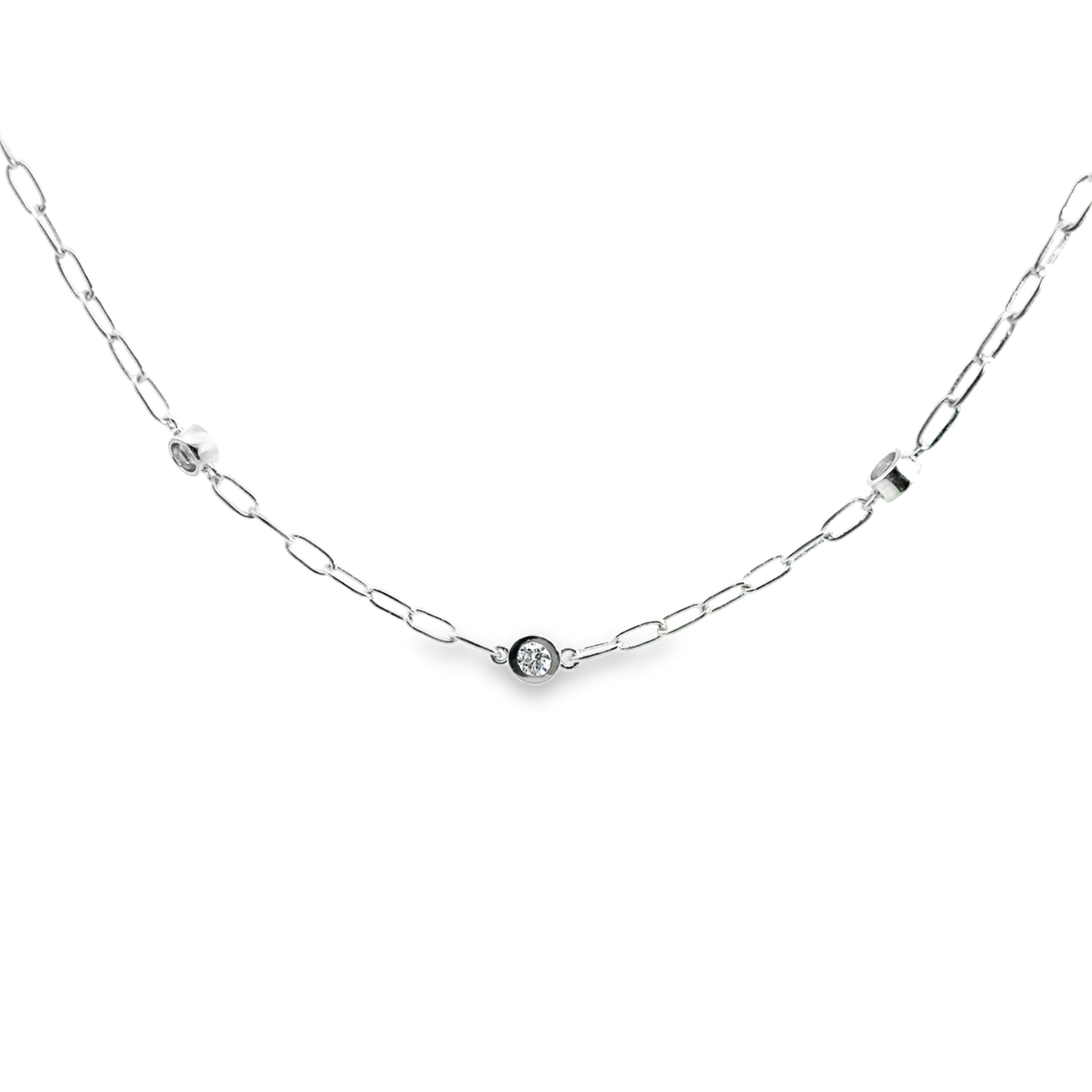 Sterling Silver Lab-Grown Diamond 1.35CTW Bezel Set Station Paperclip Link Necklace