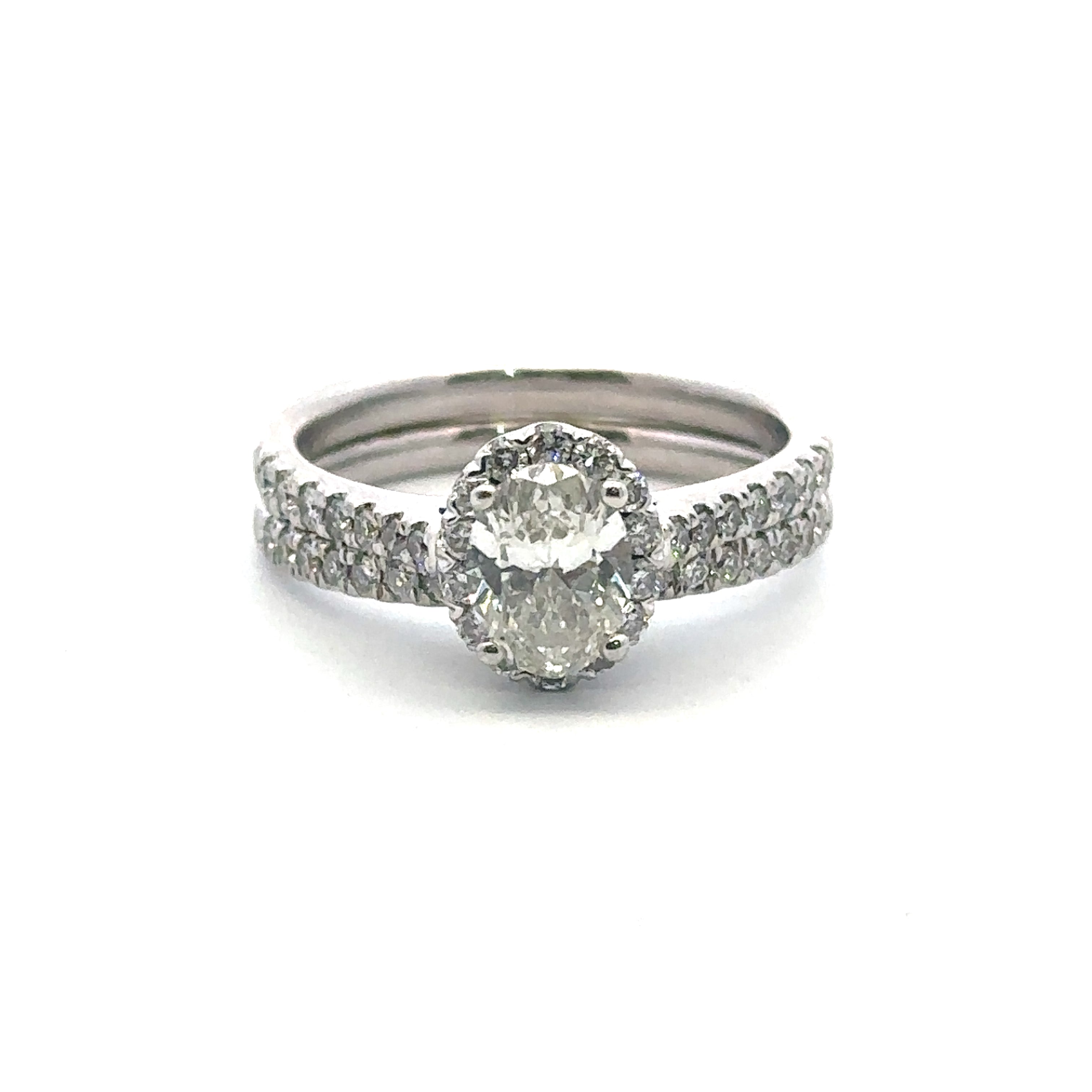 Estate Collection: Certified 14K White Gold 1.31CTW. Natural Oval Engagement Rig and Wedding Band Soldered Set