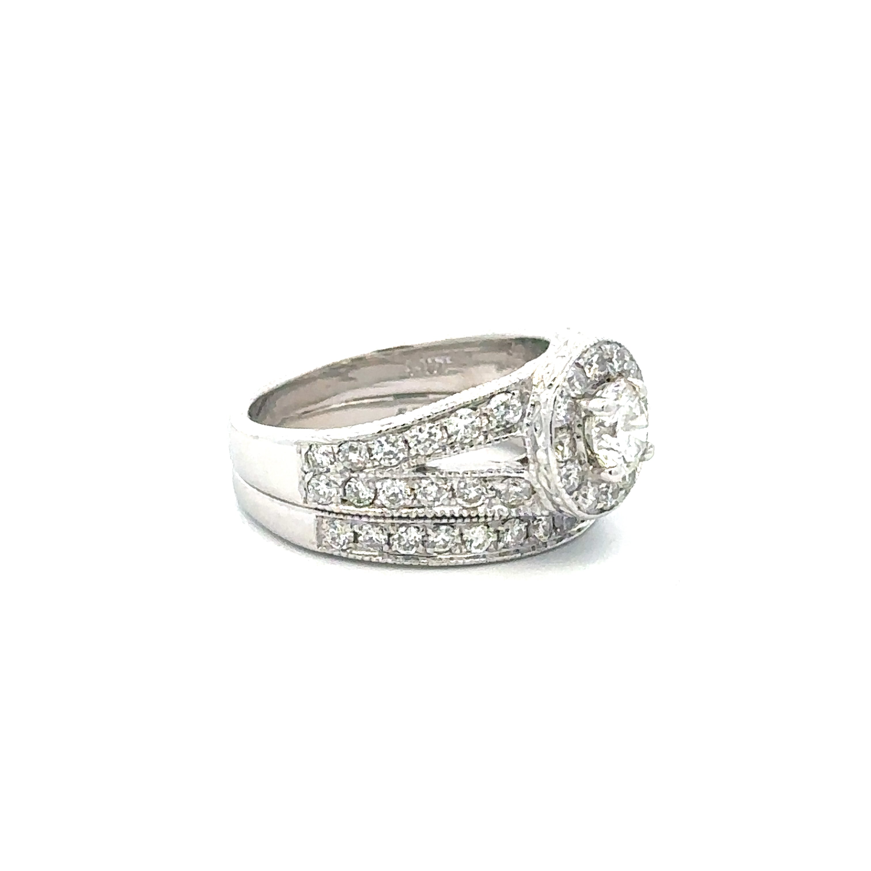 Estate Collection: 14K White Gold Vintage 0.4CT. Round Center Halo Diamond Engagement Ring With Matching Band