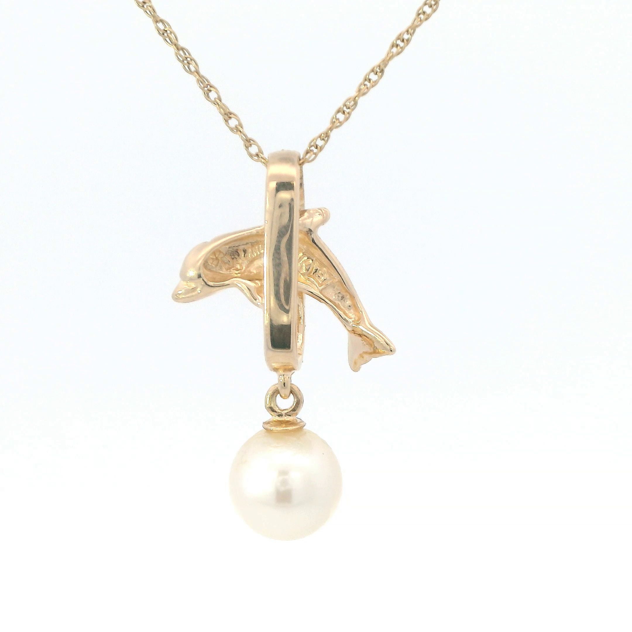 Estate Collection: 14K Yellow Gold Leaping Dolphin & Pearl Pendant Necklace
