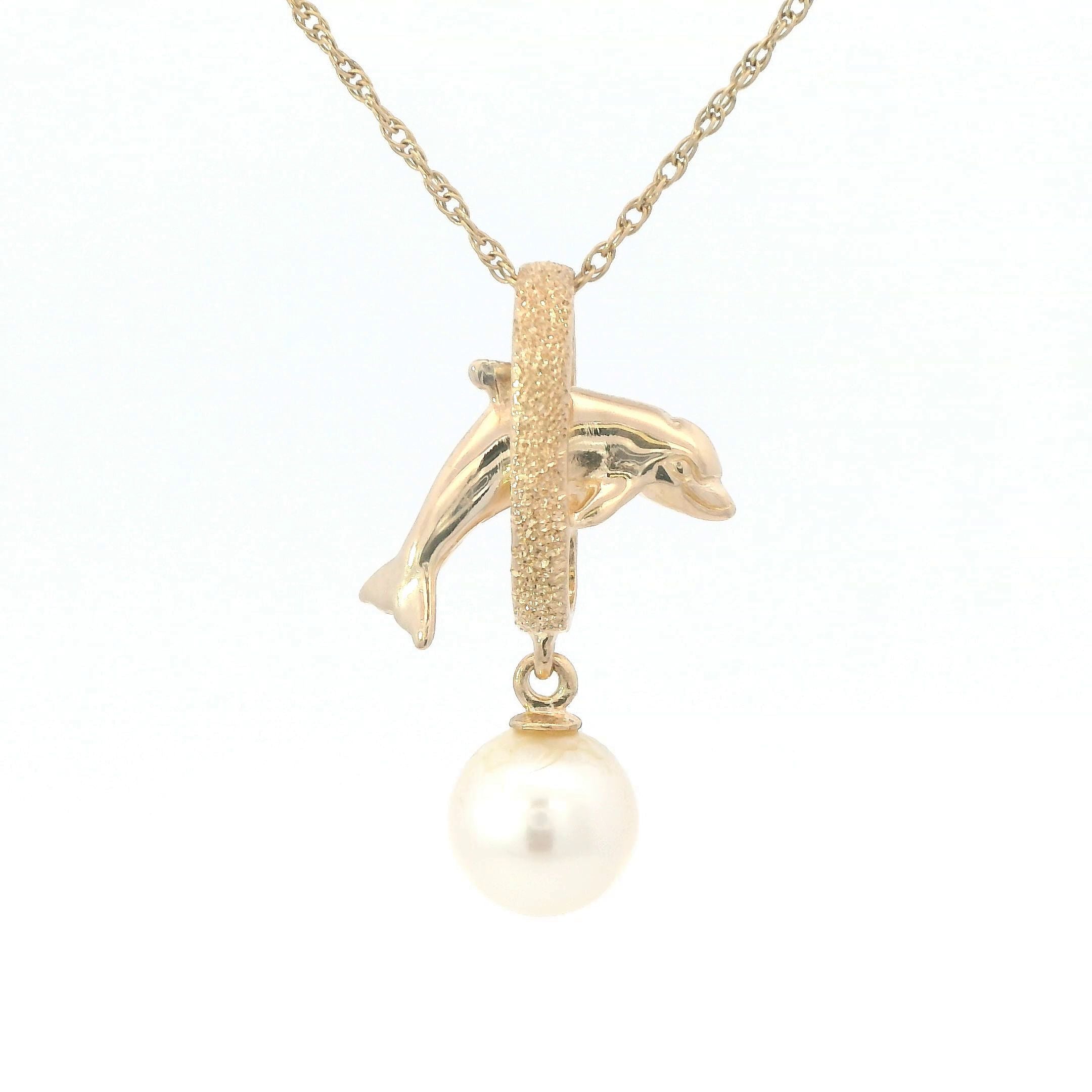 Estate Collection: 14K Yellow Gold Leaping Dolphin & Pearl Pendant Necklace