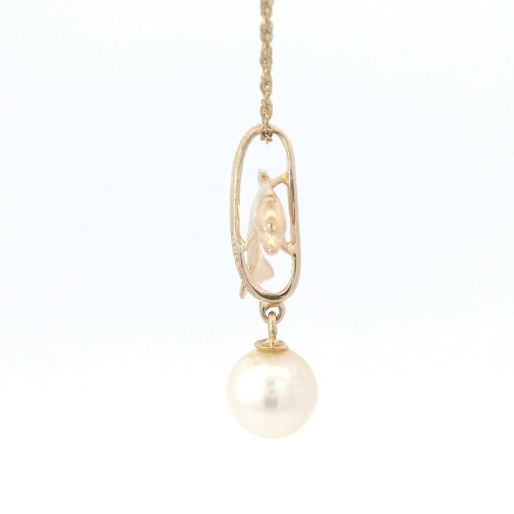 Estate Collection: 14K Yellow Gold Leaping Dolphin & Pearl Pendant Necklace