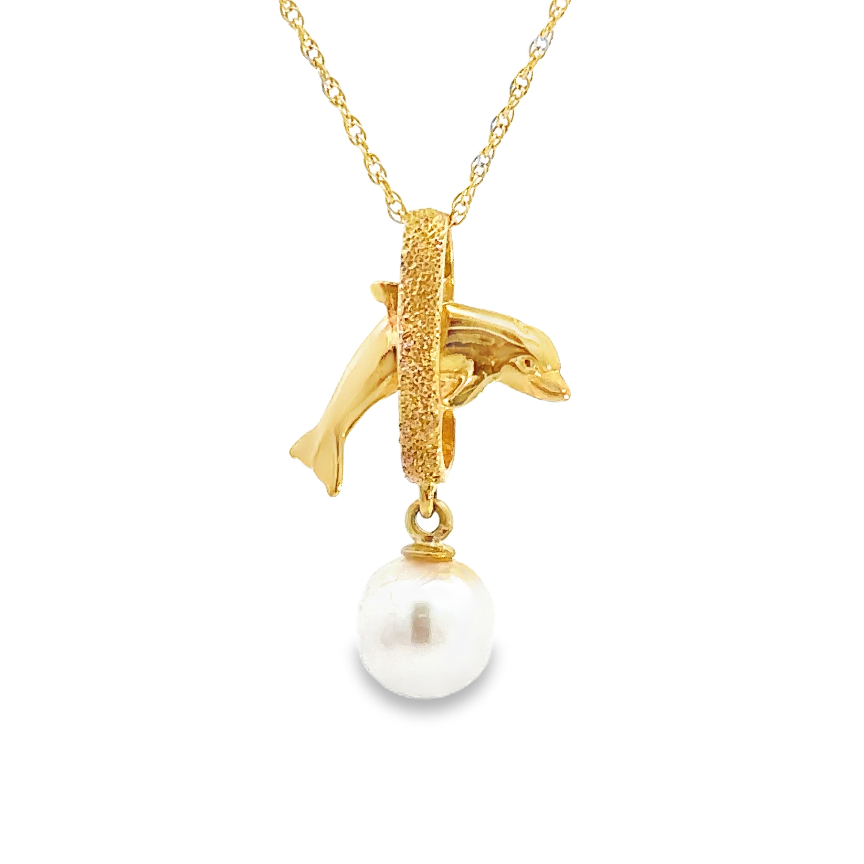 Estate Collection: 14K Yellow Gold Leaping Dolphin & Pearl Pendant Necklace