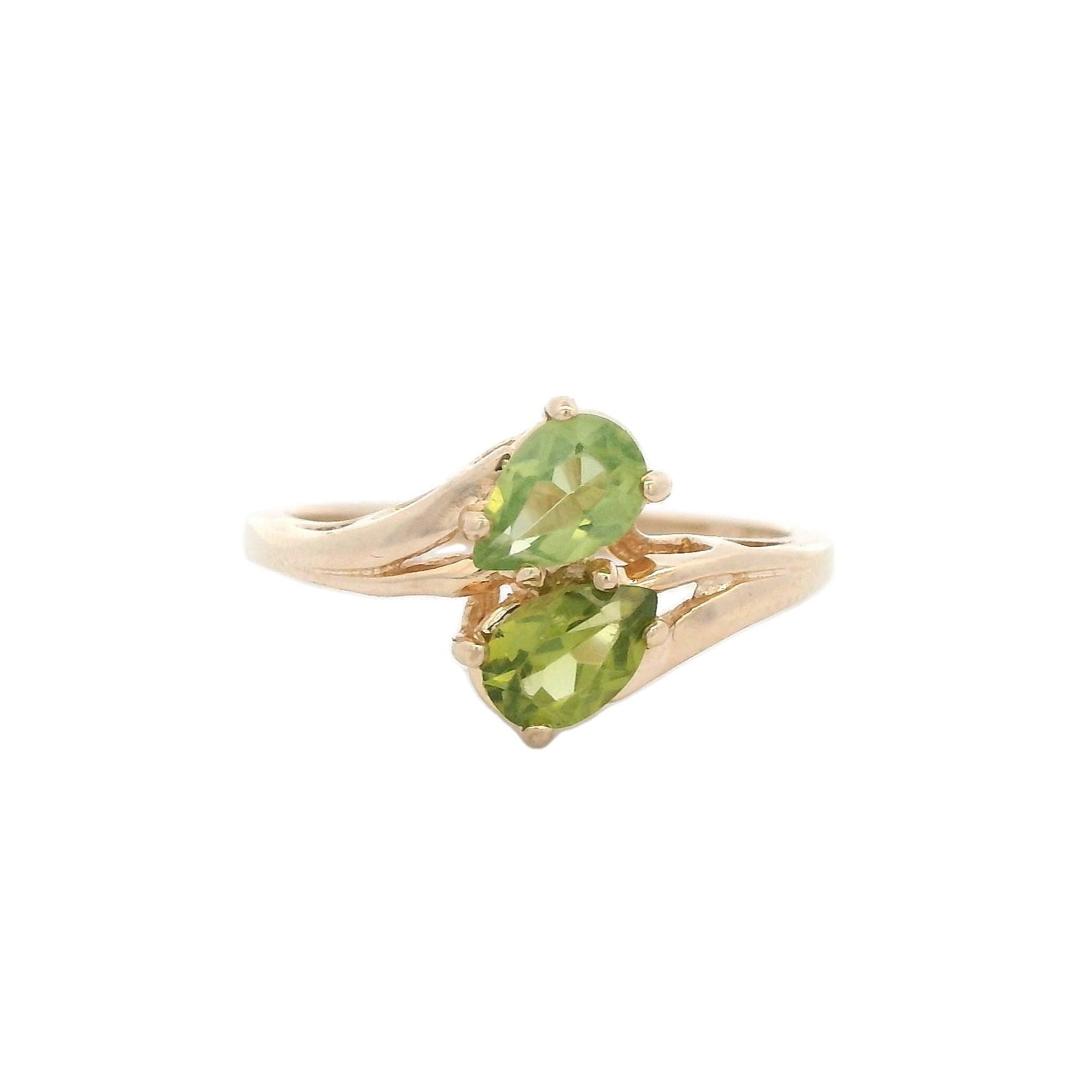 Estate Collection: 14K Yellow Gold 2-Stone Pear-Cut Peridot Bypass Ring