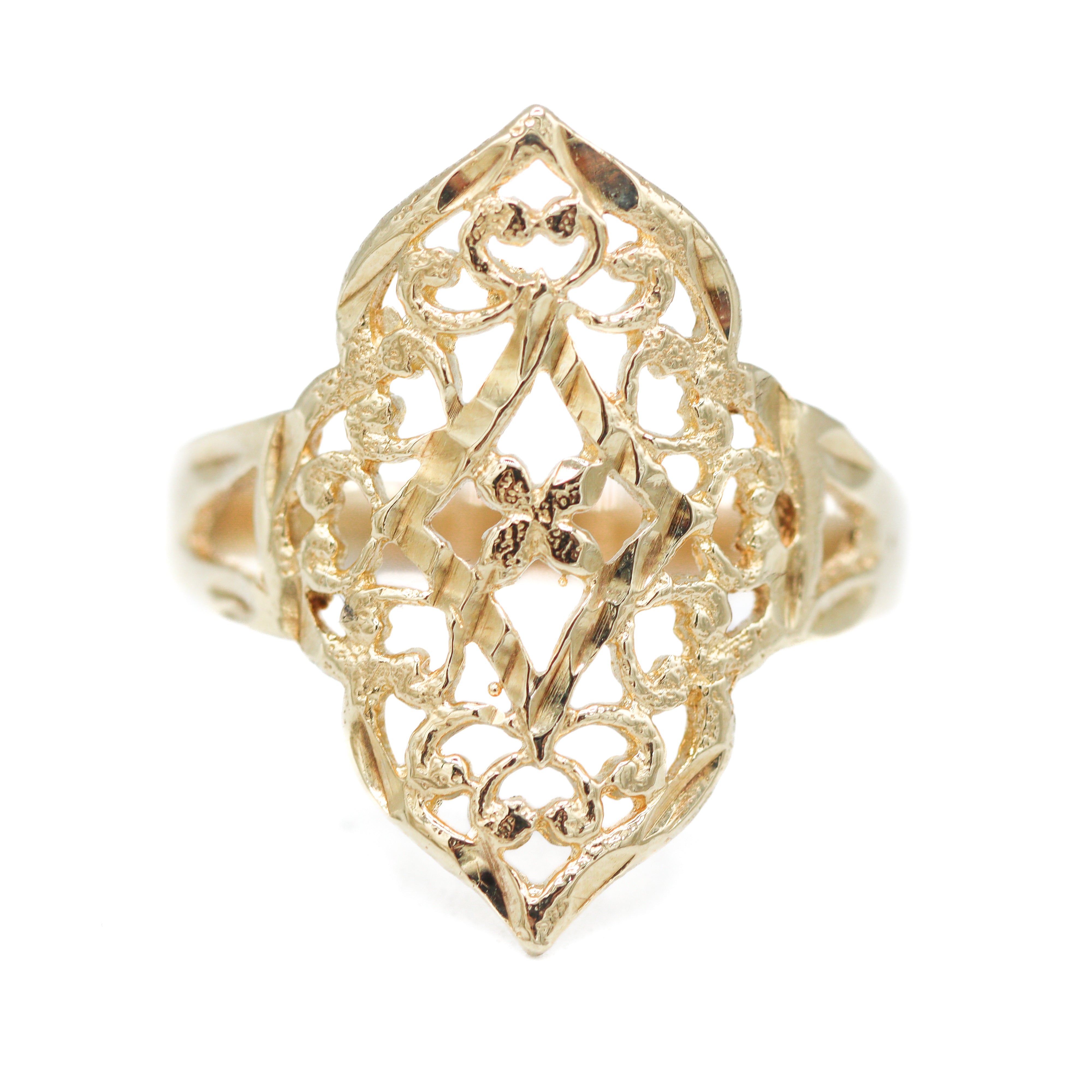 Front View of 14K Yellow Gold Ornate Filigree Cut-Out Ring