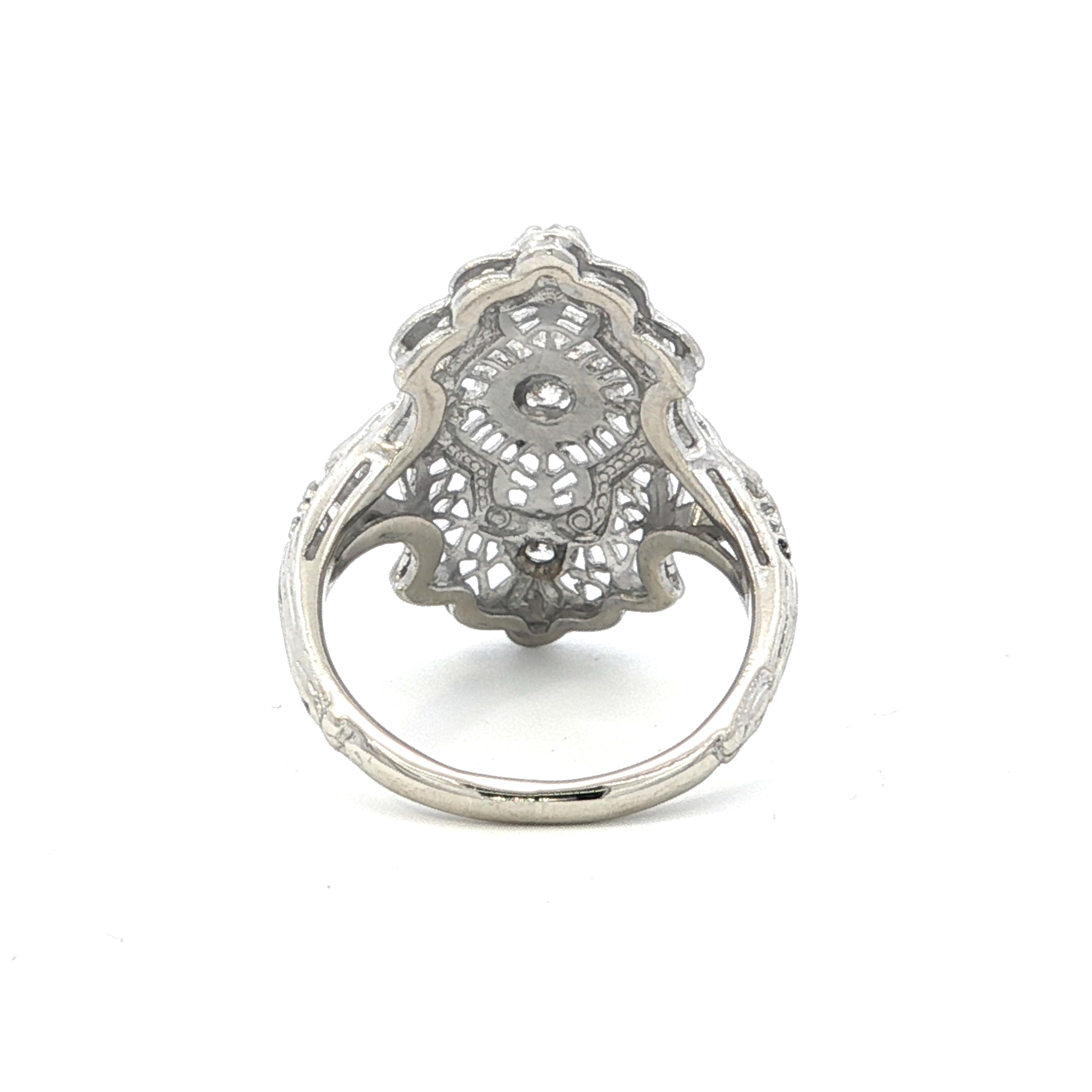 Estate Collection: 14K White Gold 0.22CTW. Round Diamond Filigree 3-Stone Ring