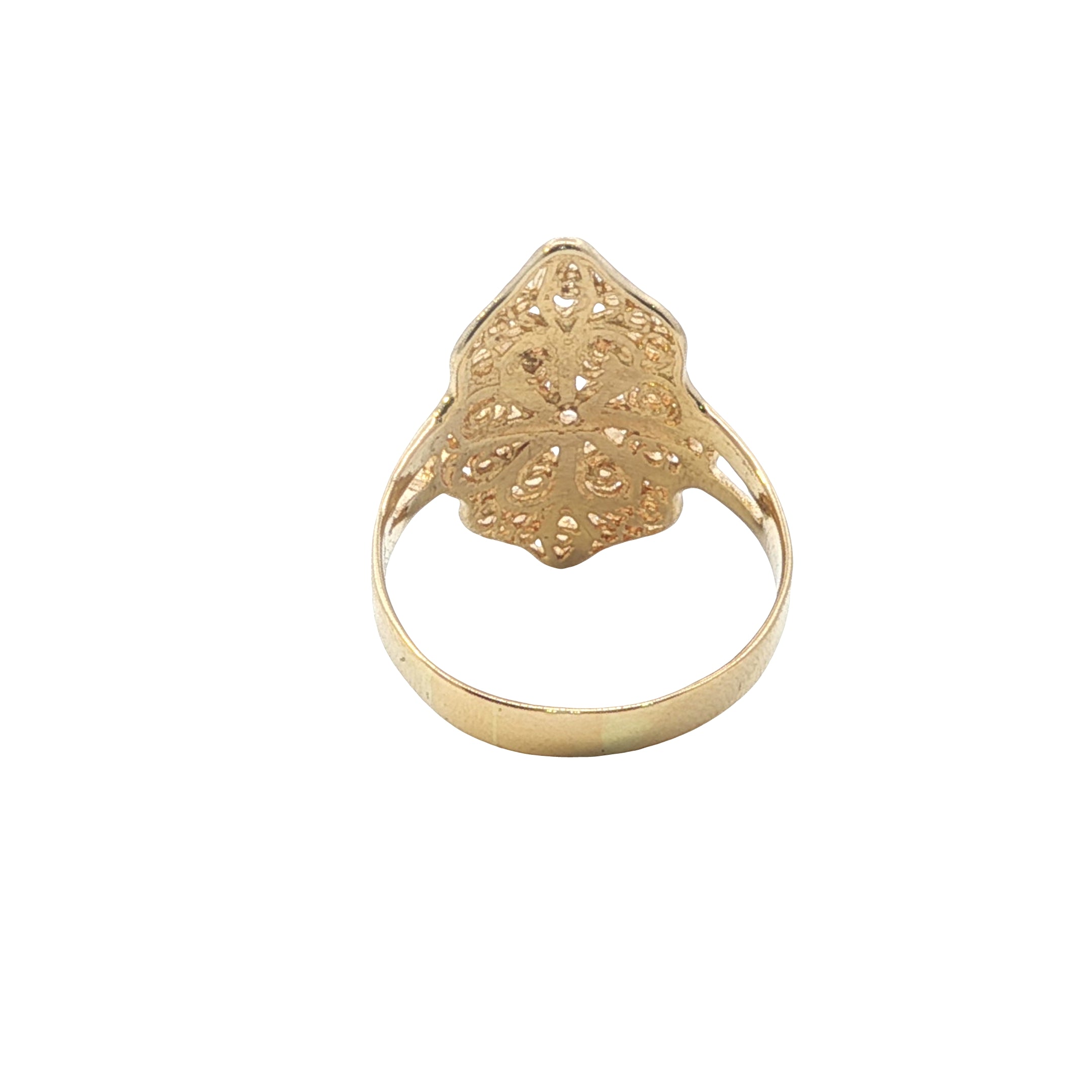 Gold ring with intricate design on a white background