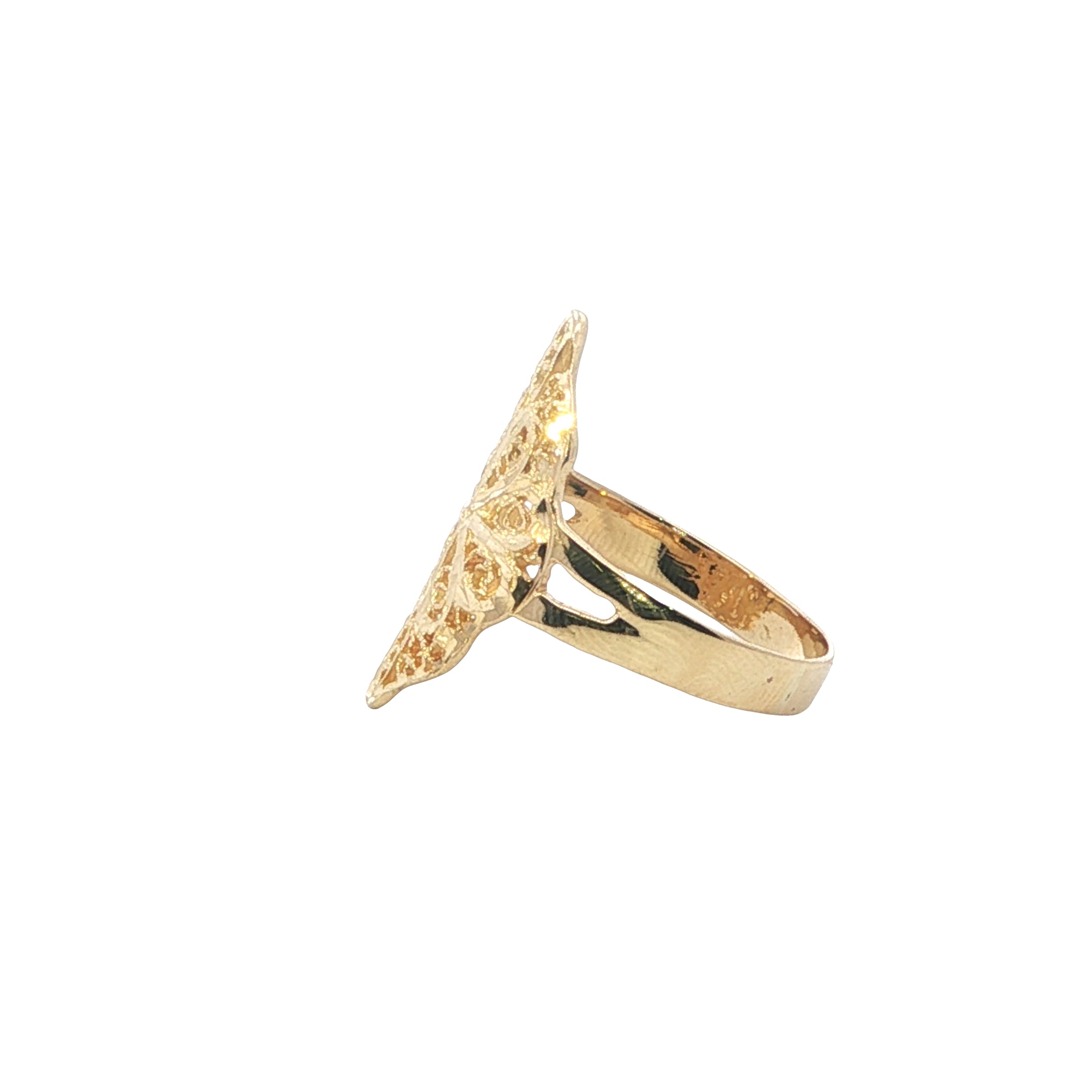 Gold ring with a unique design on a white background