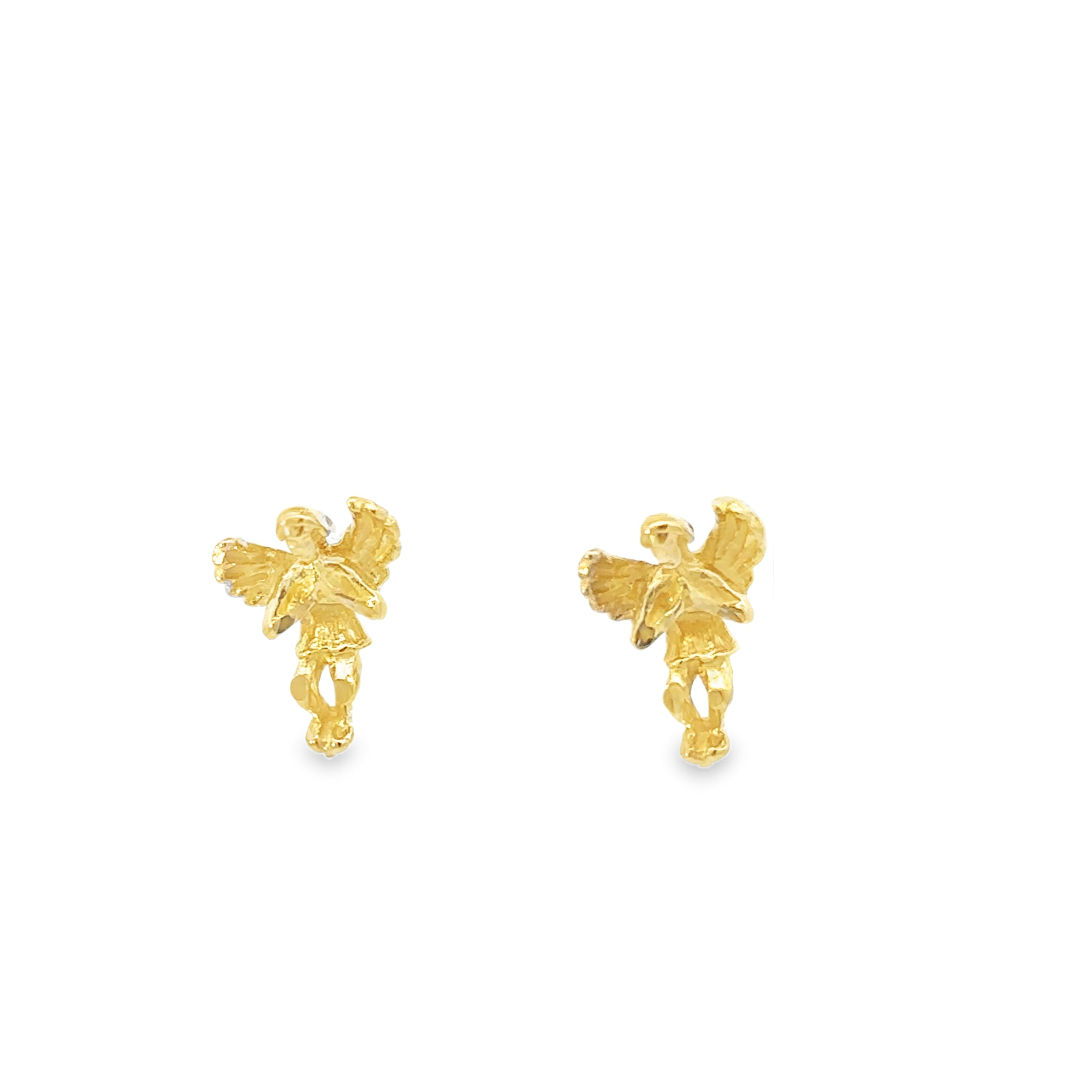 gold angel stud earrings on white background