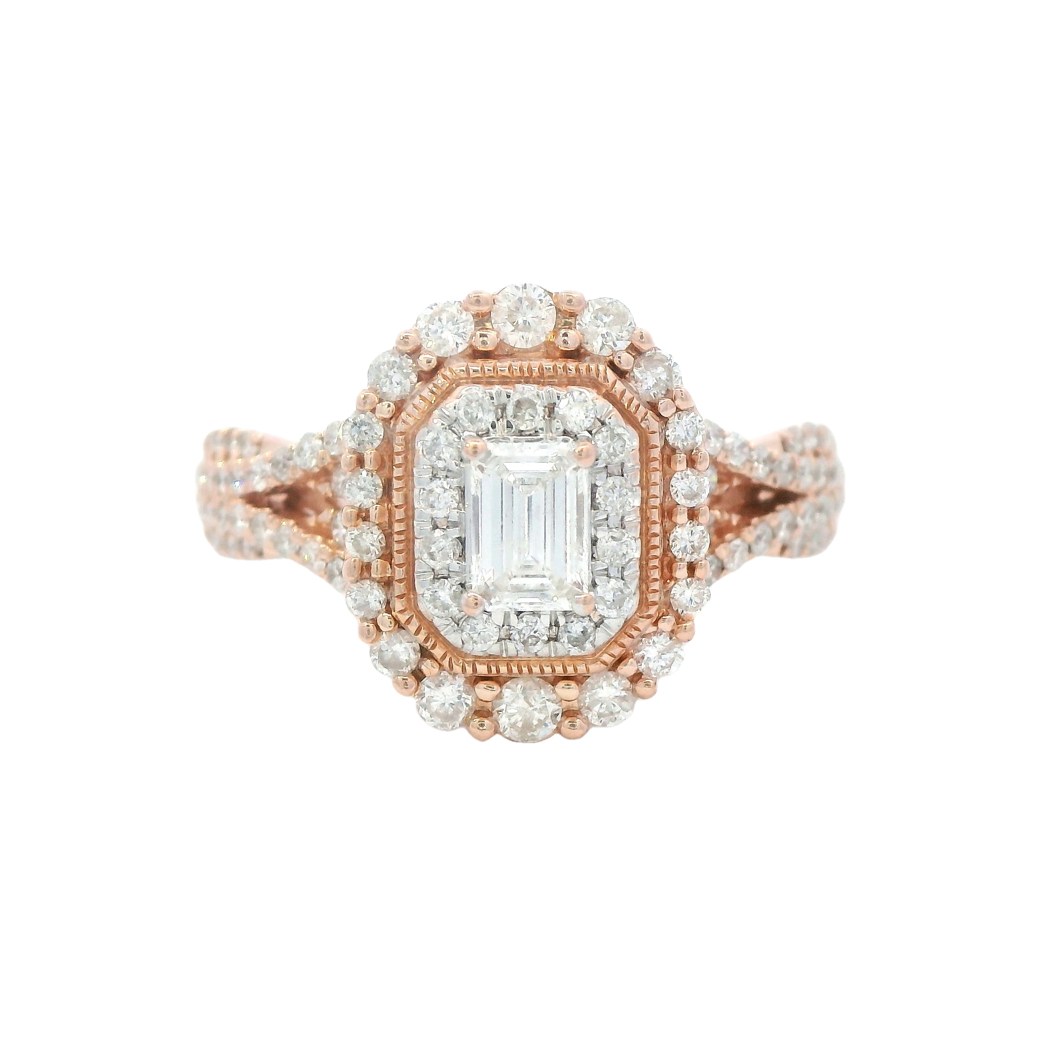 Estate Collection: 14K Rose Gold Emerald-Cut Diamond Stepped Double Halo Twisting Engagement RIng