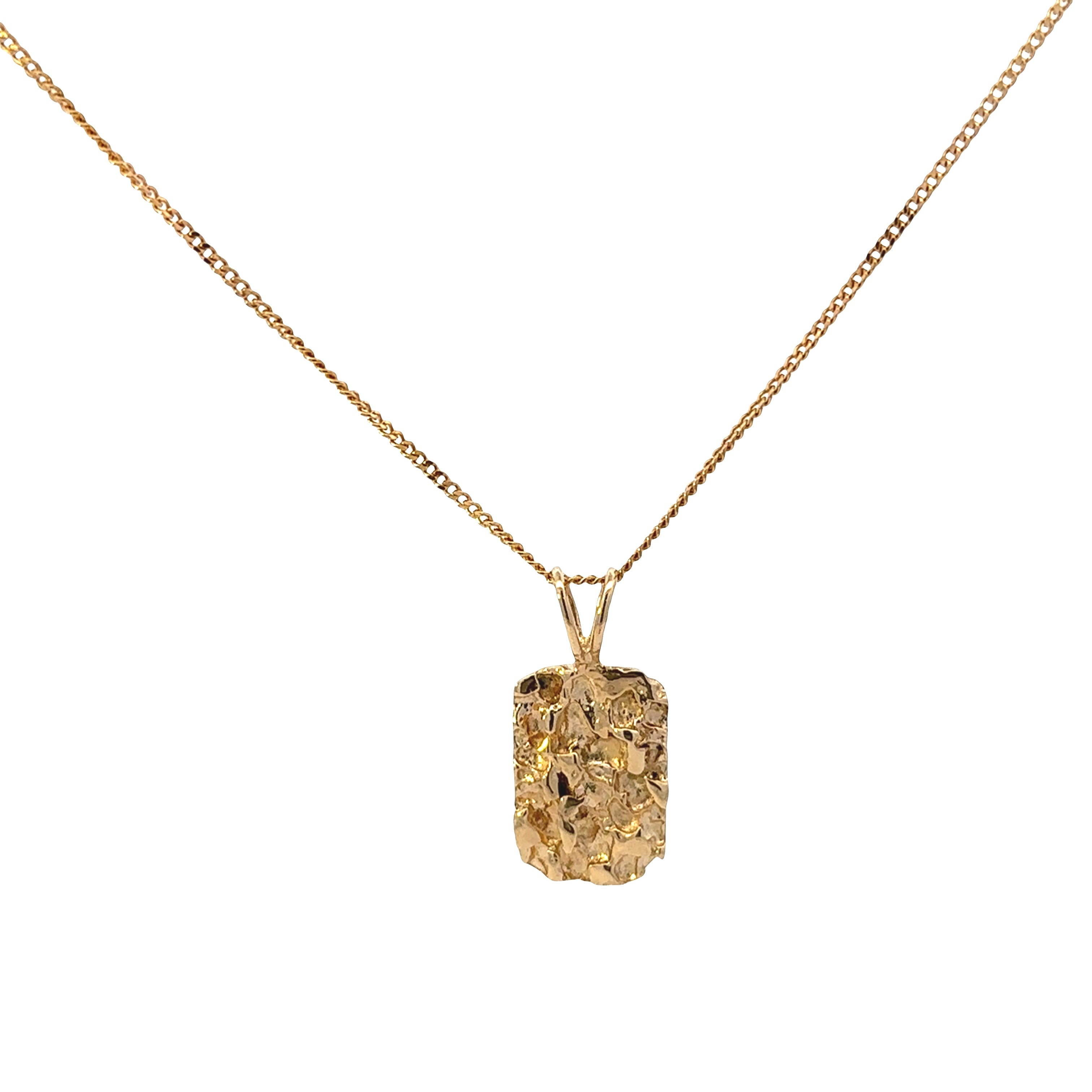 Gold necklace with a textured pendant on a white background