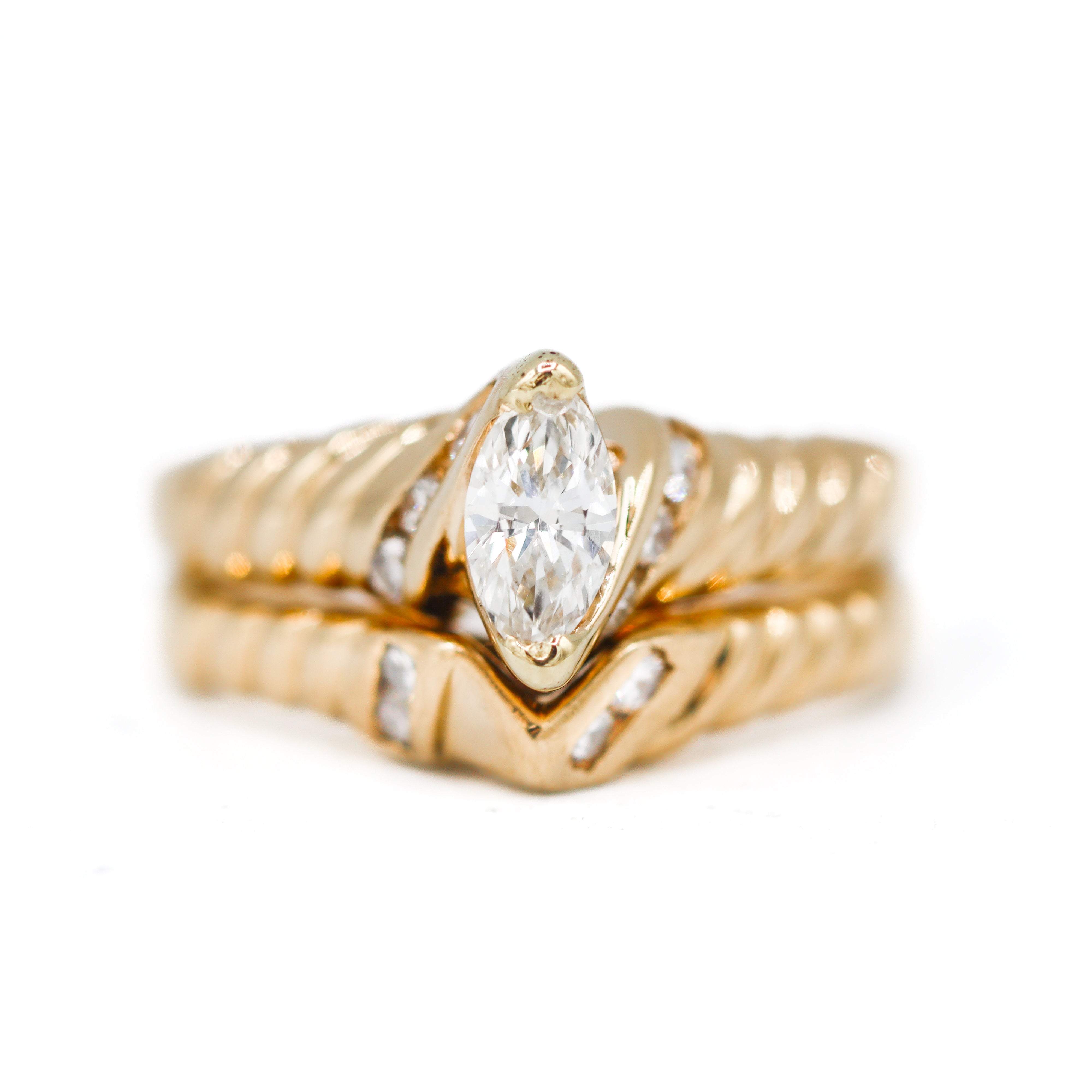 Estate Collection: 14K Yellow Gold 0.25CT. Marquise Diamond & 0.20CT. Engagement Ring Set