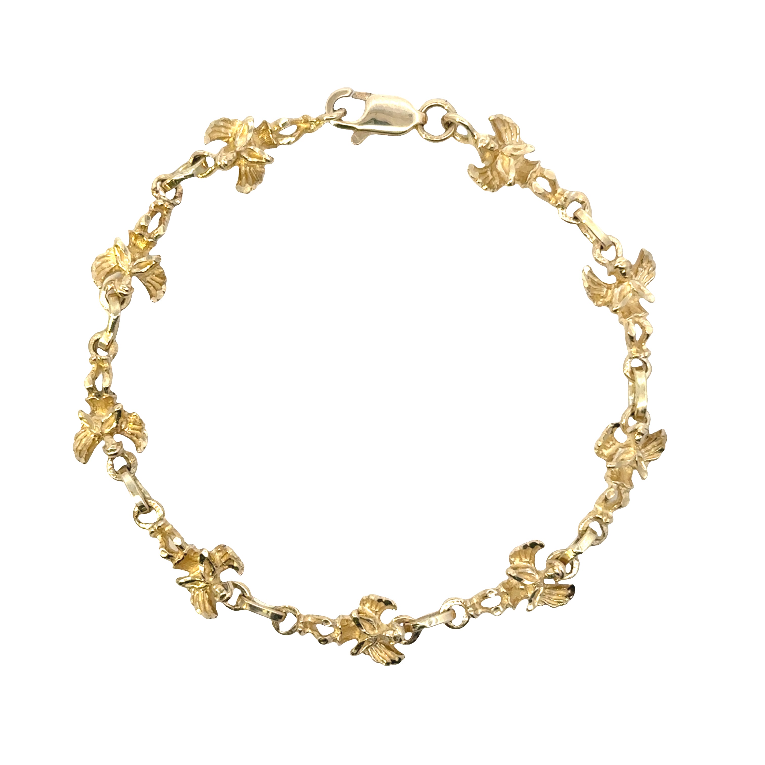 Gold bracelet with floral designs on a white background