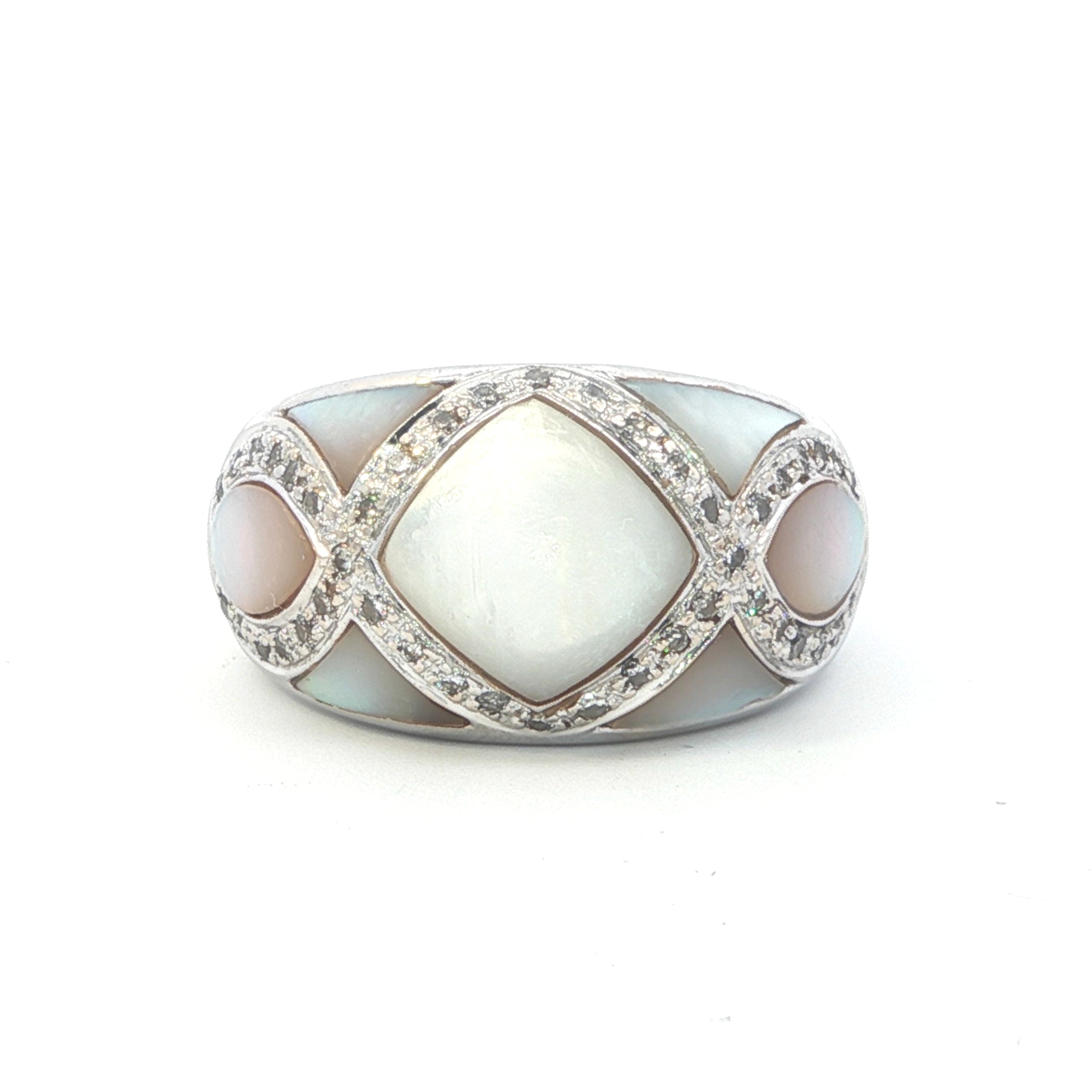Estate Collection: 18K White Gold Domed Mother of Pearl & Diamond Accented Fashion Ring