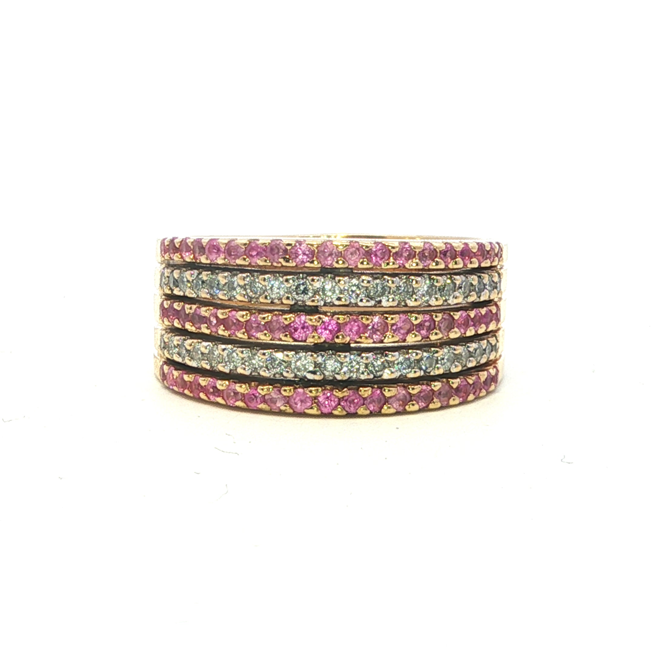 Estate Collection: 18K Yellow Gold Diamond and Pink Stone 5-Row Fashion Band