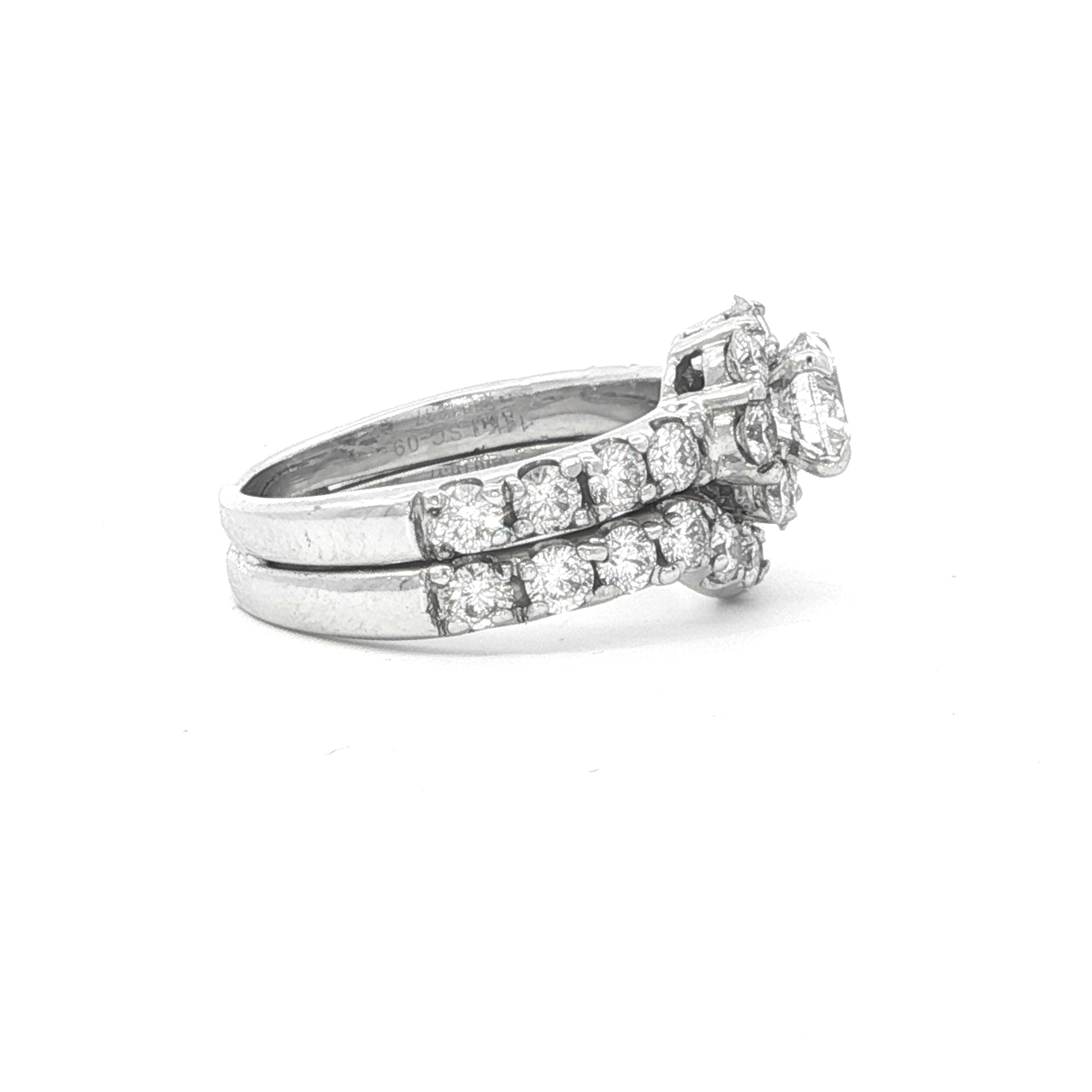 Estate Collection: 14K White Gold 2.02CTW. Leo Diamond Certified Halo Engagement Ring & Curved Wedding Band Bridal Set