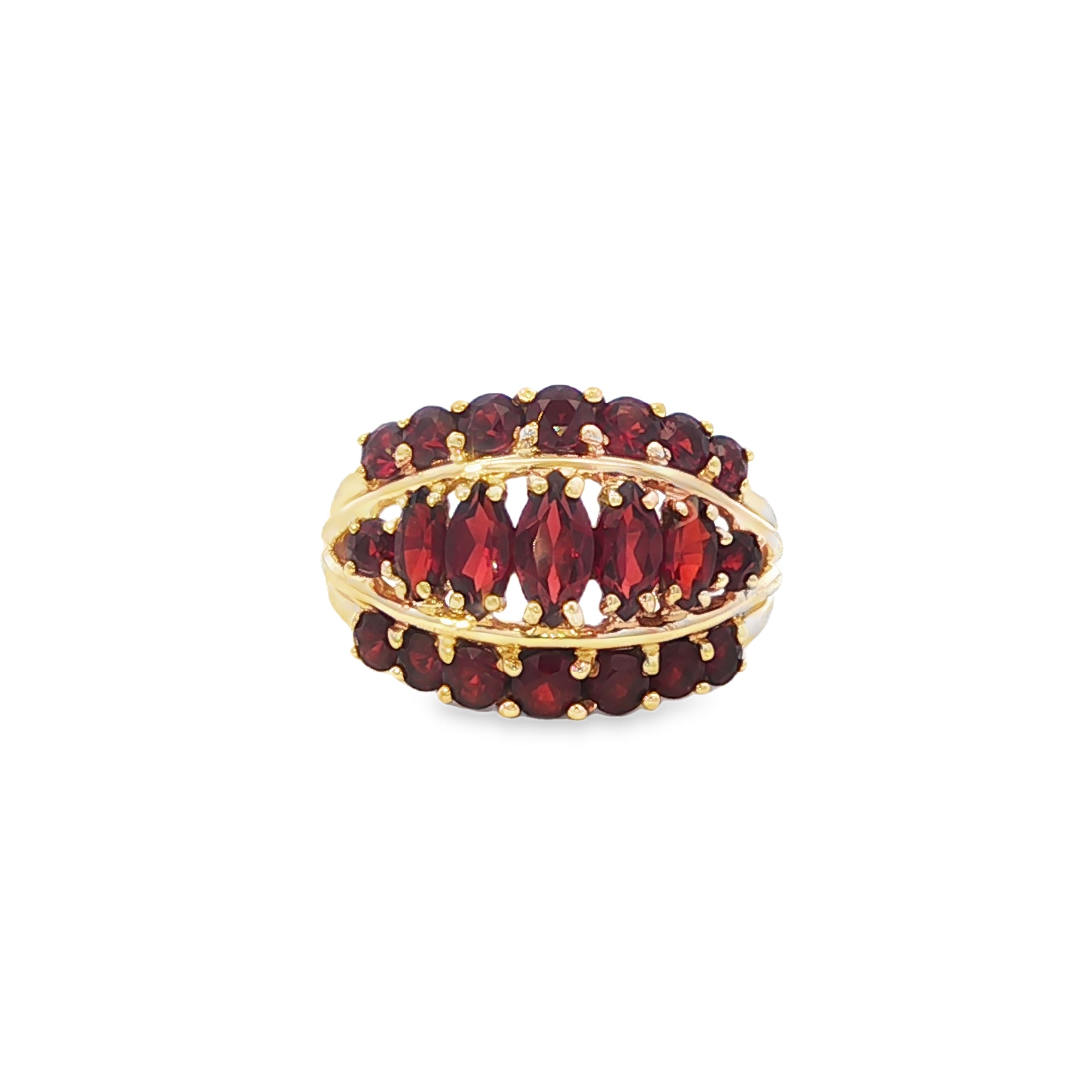Estate Collection: 10K Yellow Gold Garnet 3-Row Marquise & Round Fashion Ring