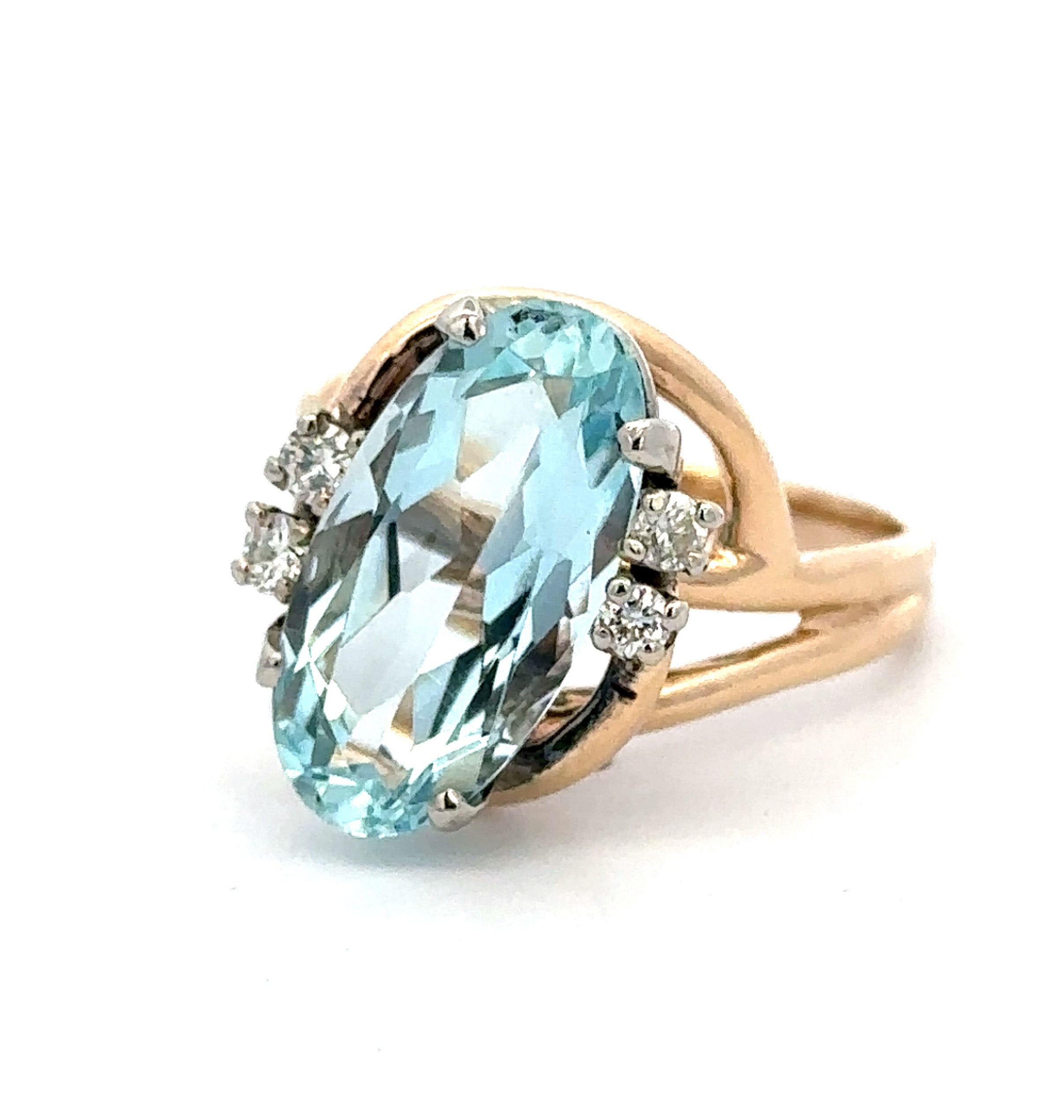 Estate Collection: 14K Yellow Gold Oval Blue Stone and Diamond Accented Cocktail Ring