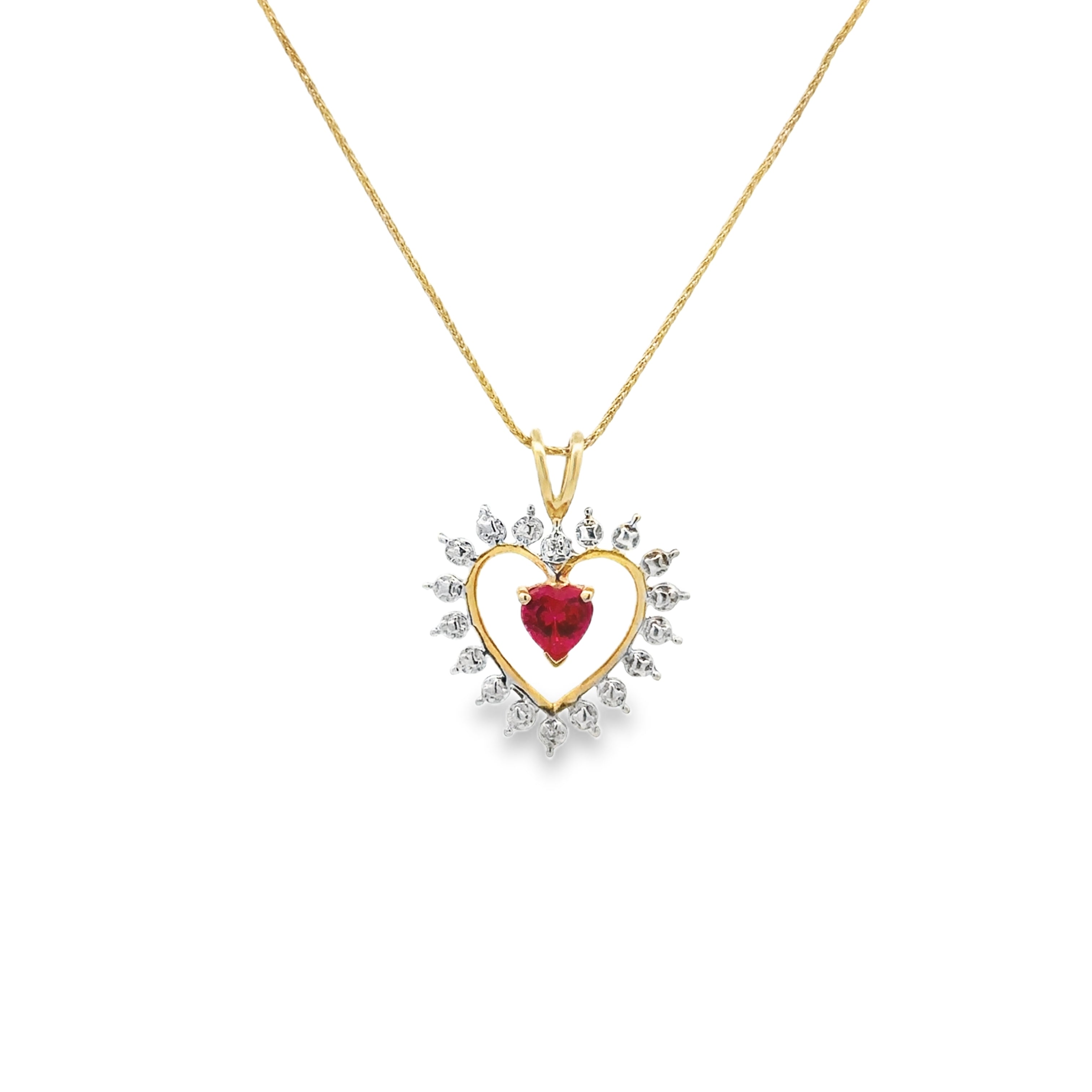 Estate Collection: 10K Yellow Gold Created Created Ruby Heart Pendant With New Chain