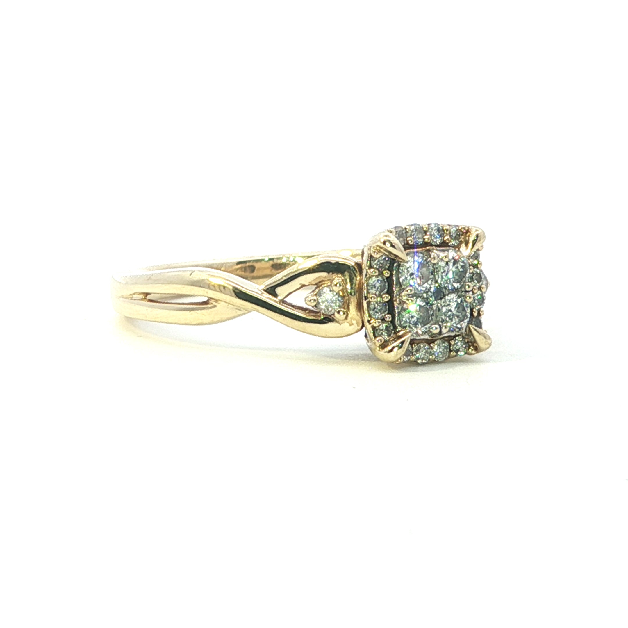 Estate Collection: 10K Yellow Gold Diamond ClusterCushion Halo Engagement Ring