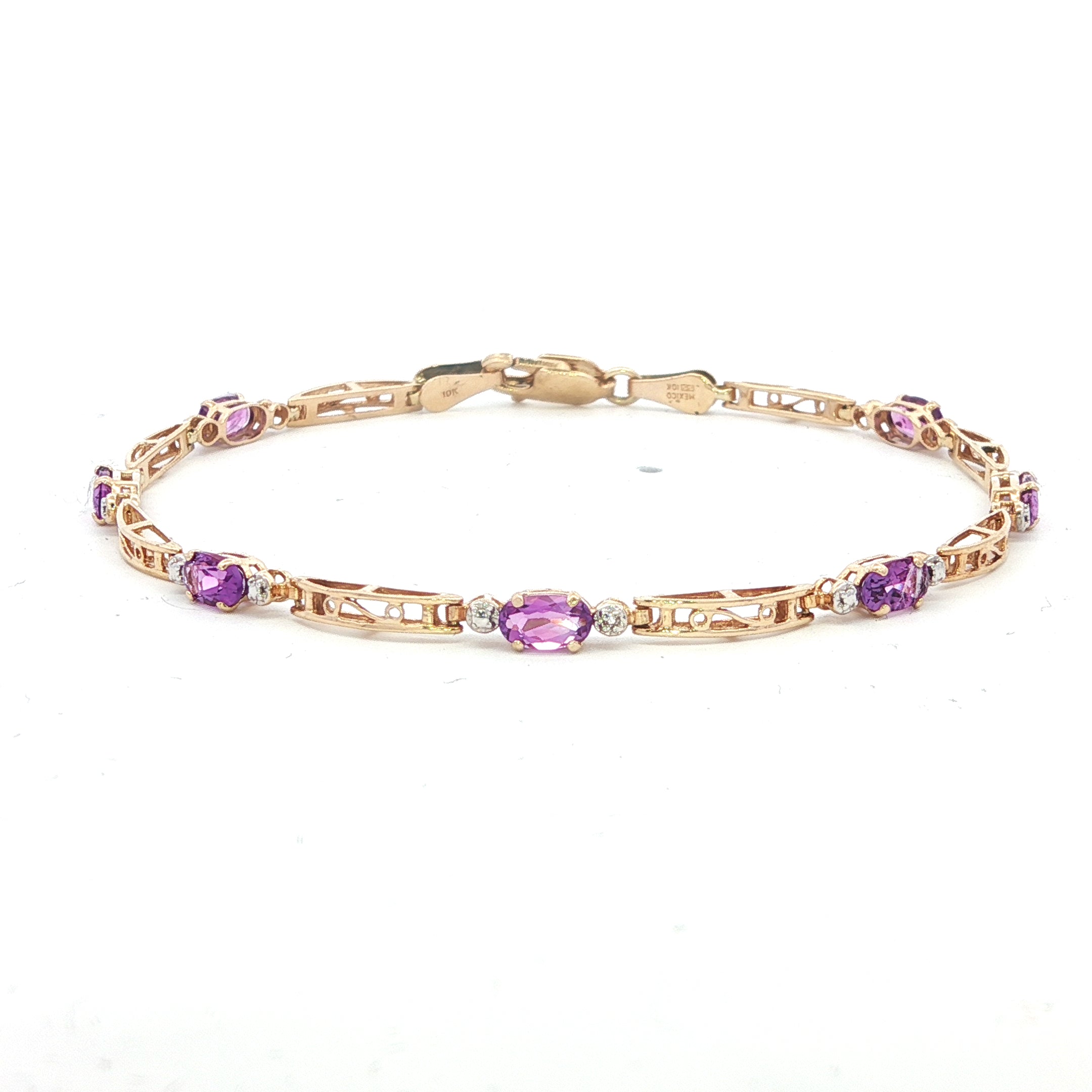 Estate Collection: 10K Yellow Gold Amethyst, Diamond, and Filigree Fancy Link Bracelet