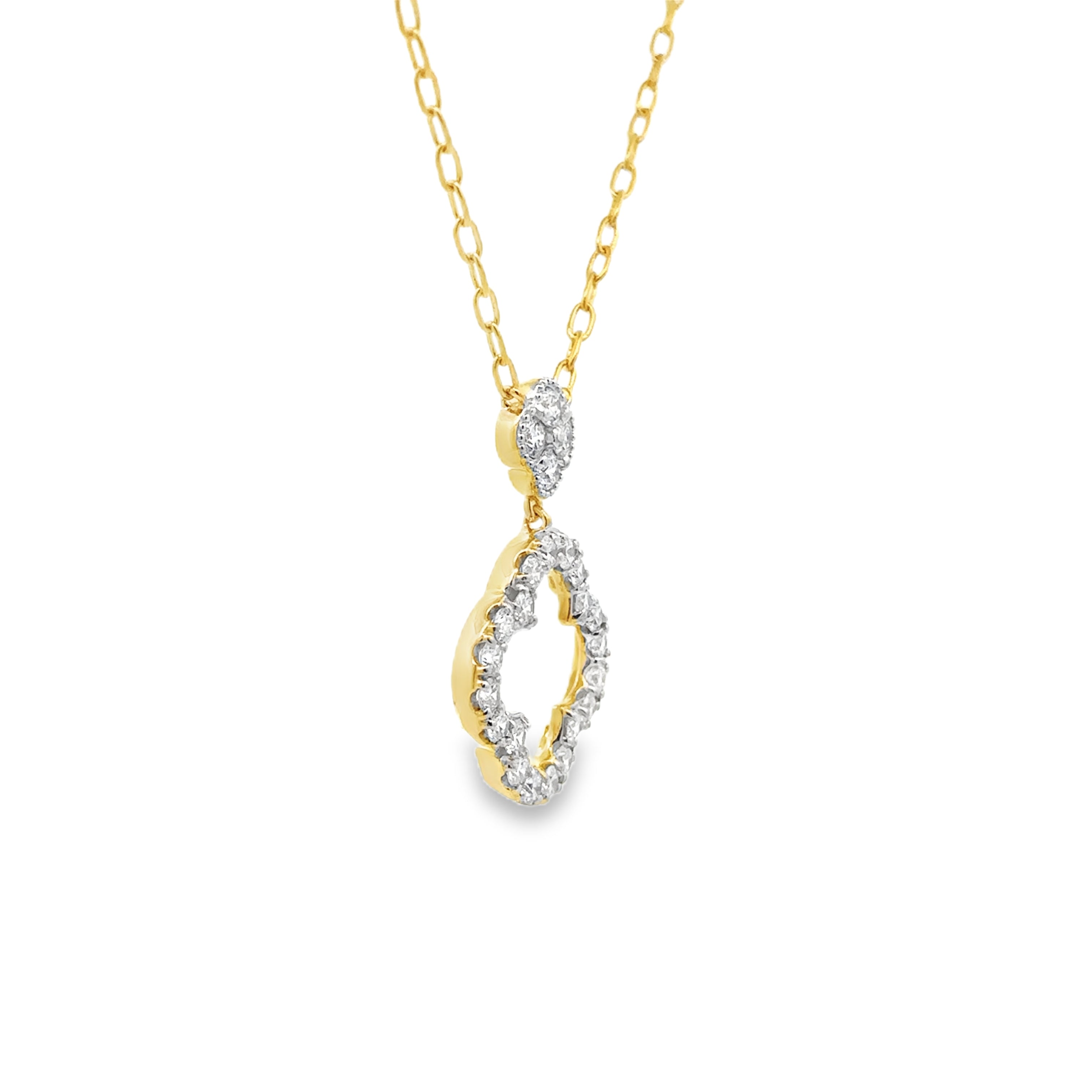Angled view of Gold-Plated 1.33CTW. Lab-Grown Diamond Paperclip Link Clover Necklace