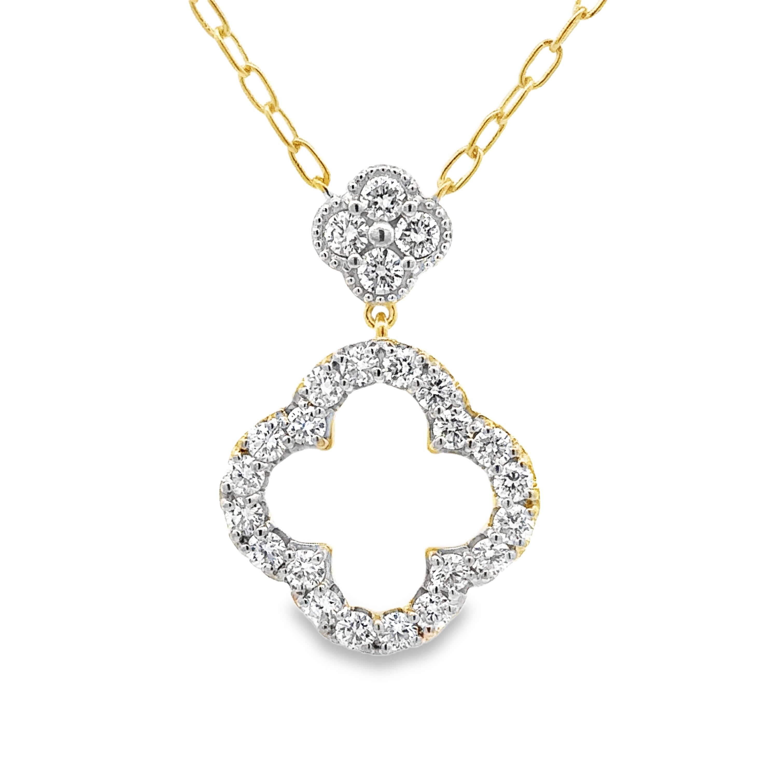 Close Up view of Gold-Plated 1.33CTW. Lab-Grown Diamond Paperclip Link Clover Necklace