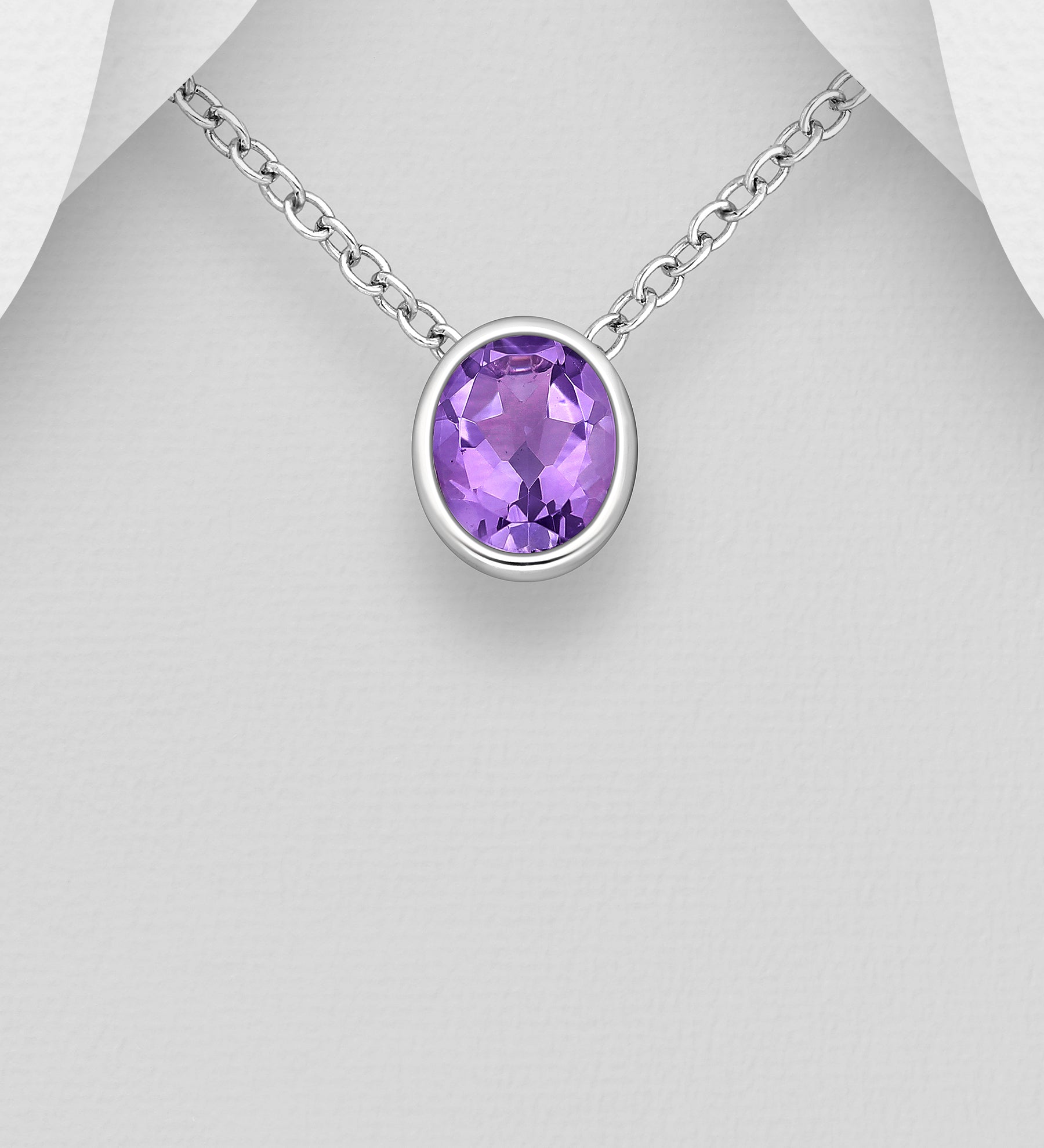 Sterling Silver Oval Amethyst Pendant Slide Necklace