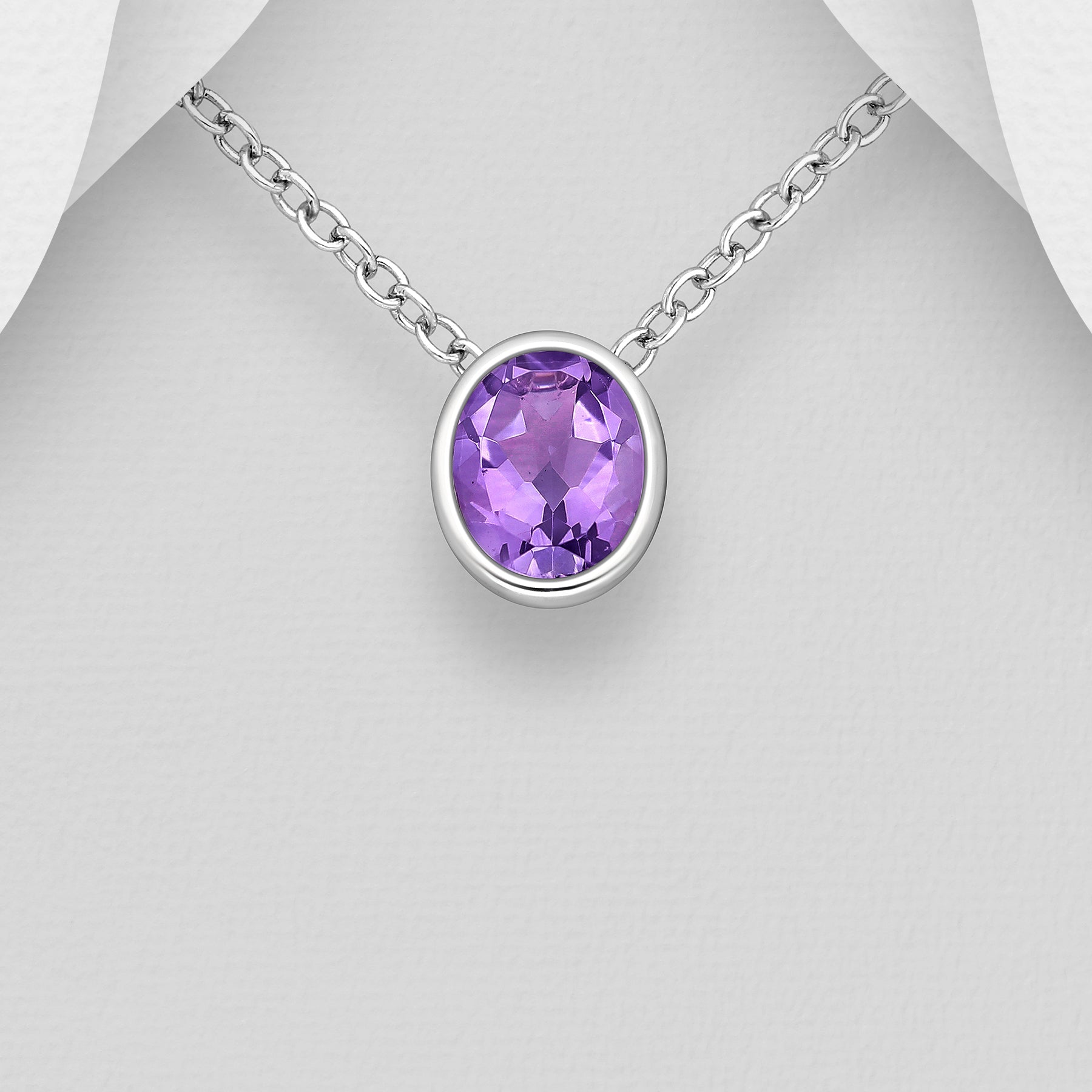 Sterling Silver Oval Amethyst Pendant Slide Necklace