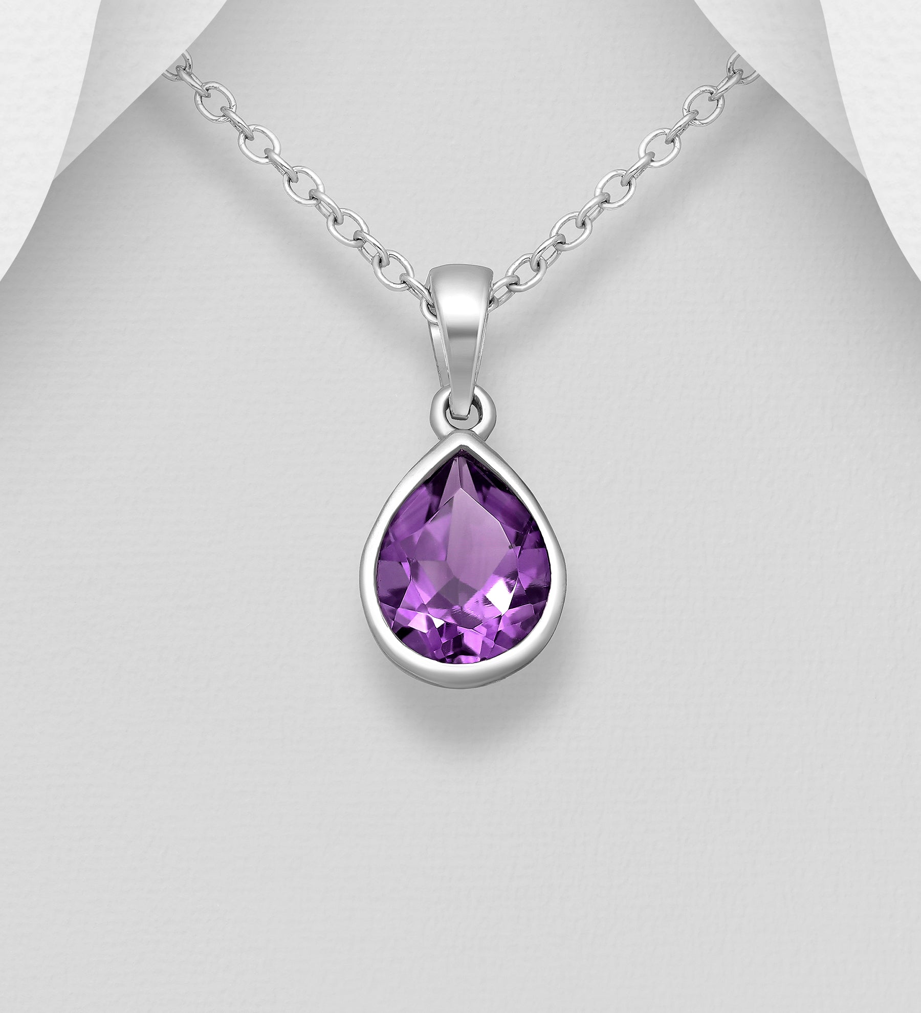 Amethyst Bezel-Set Teardrop Pendant Necklace