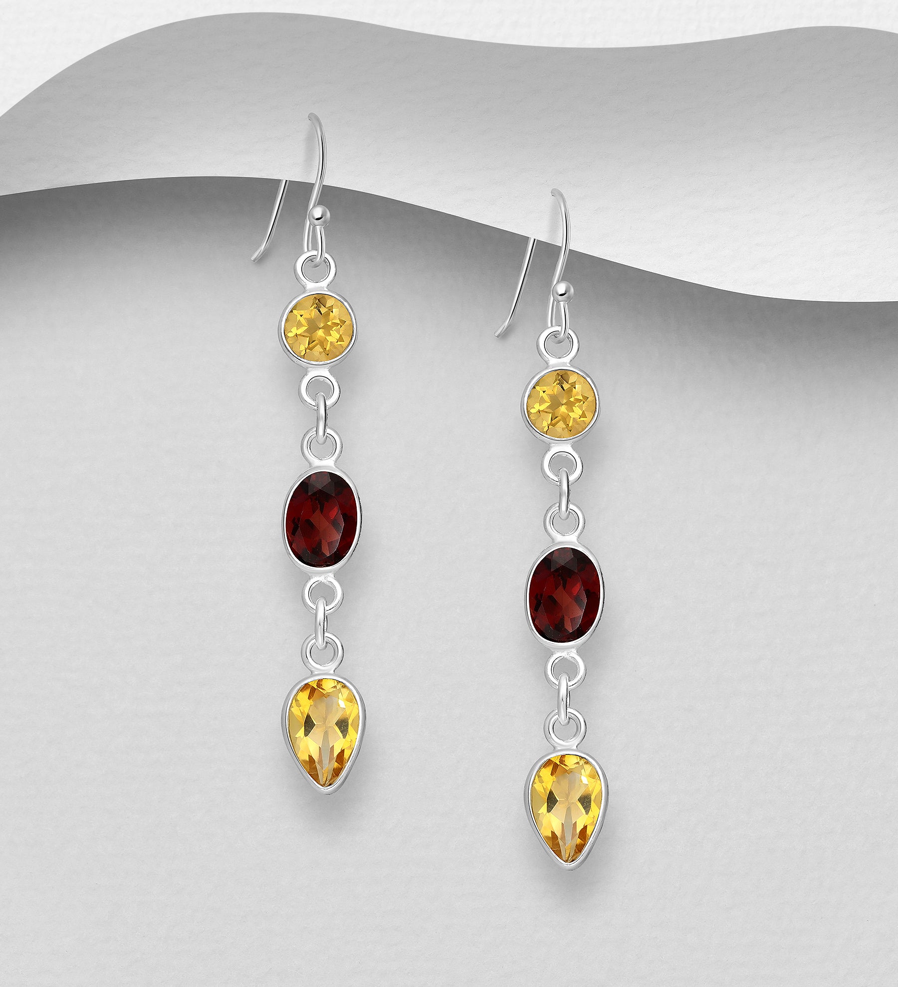 Sterling Silver Citrine & Garnet Hook Dangle Earrings