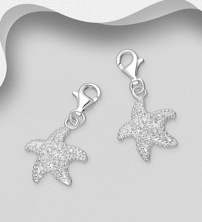 Sterling Silver Starfish Charm with Simulated Diamonds