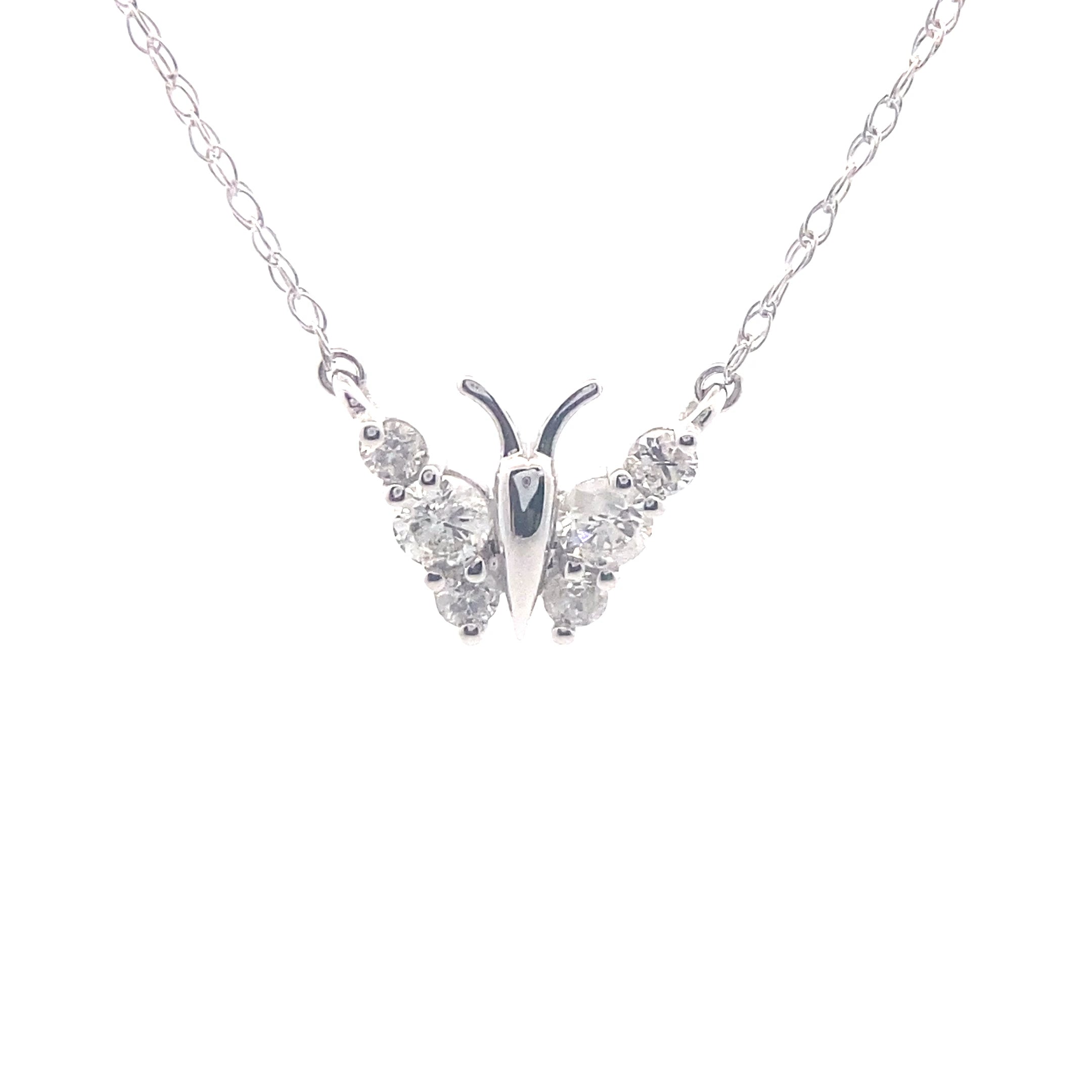 Close-Up View of 10K White Gold 0.20CTW. Diamond 18" Butterfly Pendant Necklace