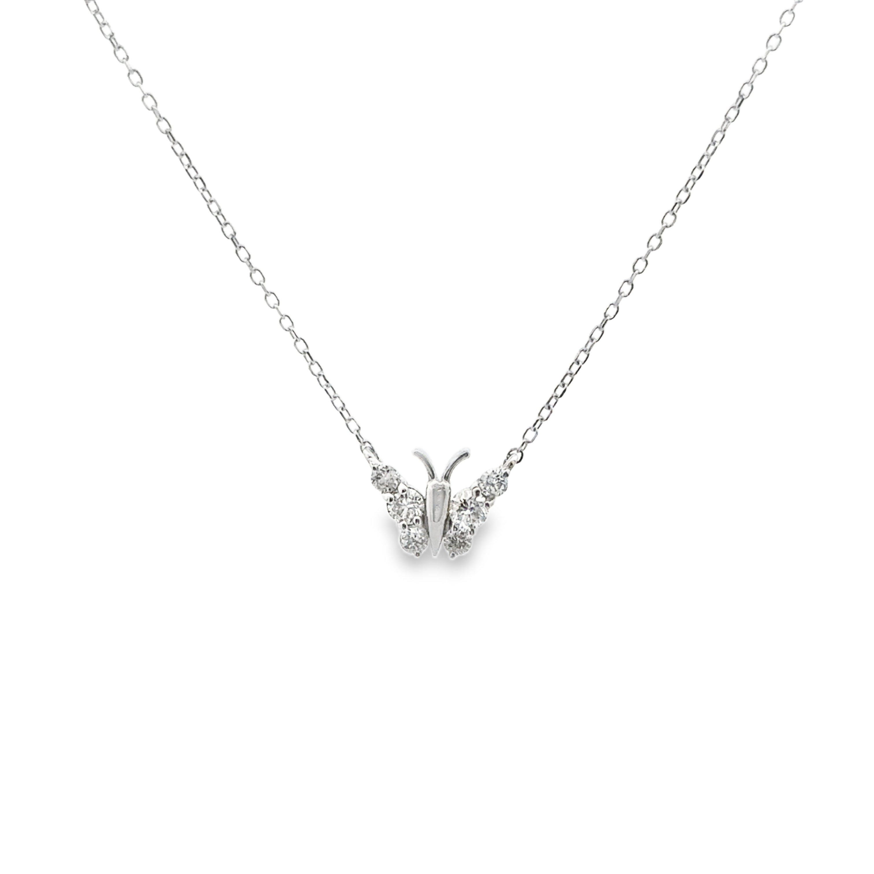 Zoomed out front view of 10K White Gold 0.20CTW. Diamond 18" Butterfly Pendant Necklace