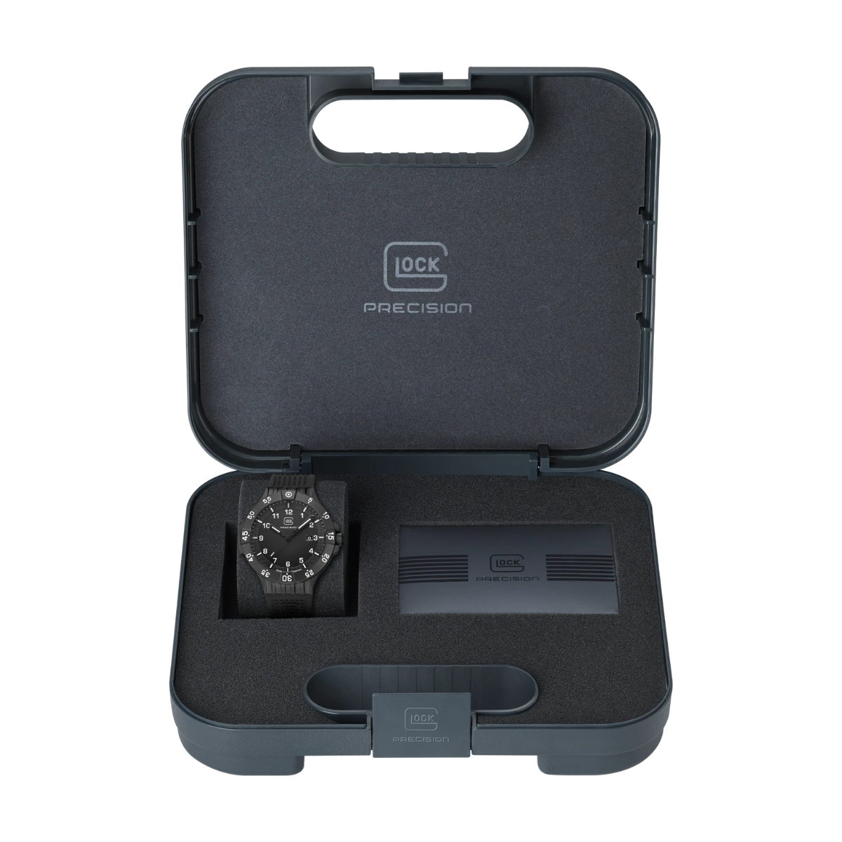 Black Stainless Steel Glock Watch With Black Silicone Band in the case it comes in.