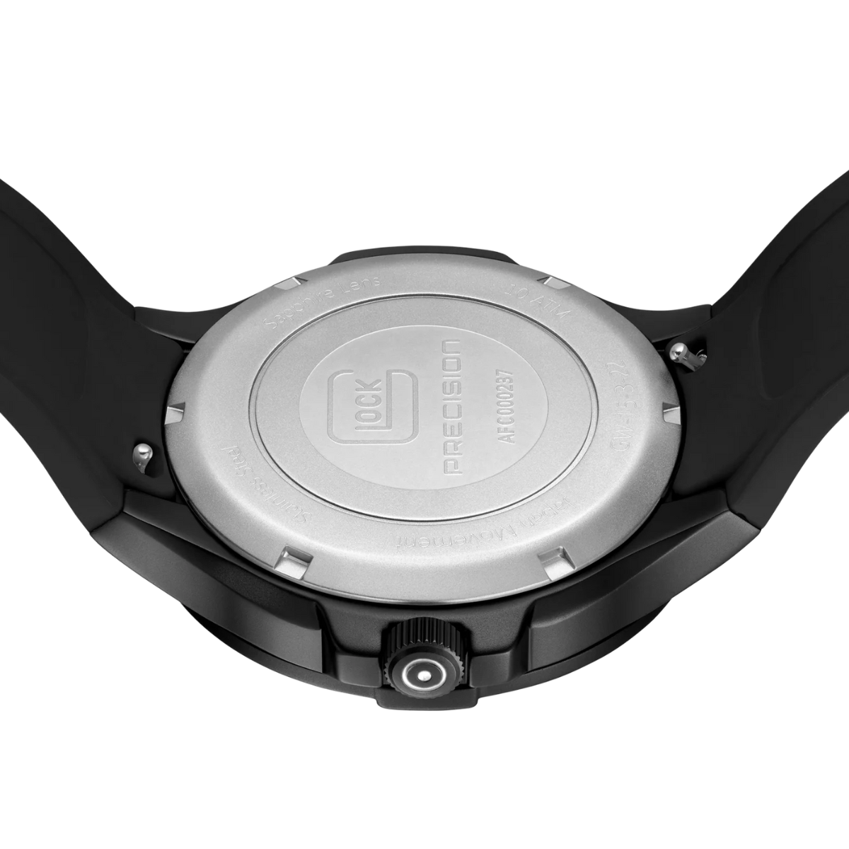 Back View of Black Stainless Steel Glock Watch With Black Silicone Band