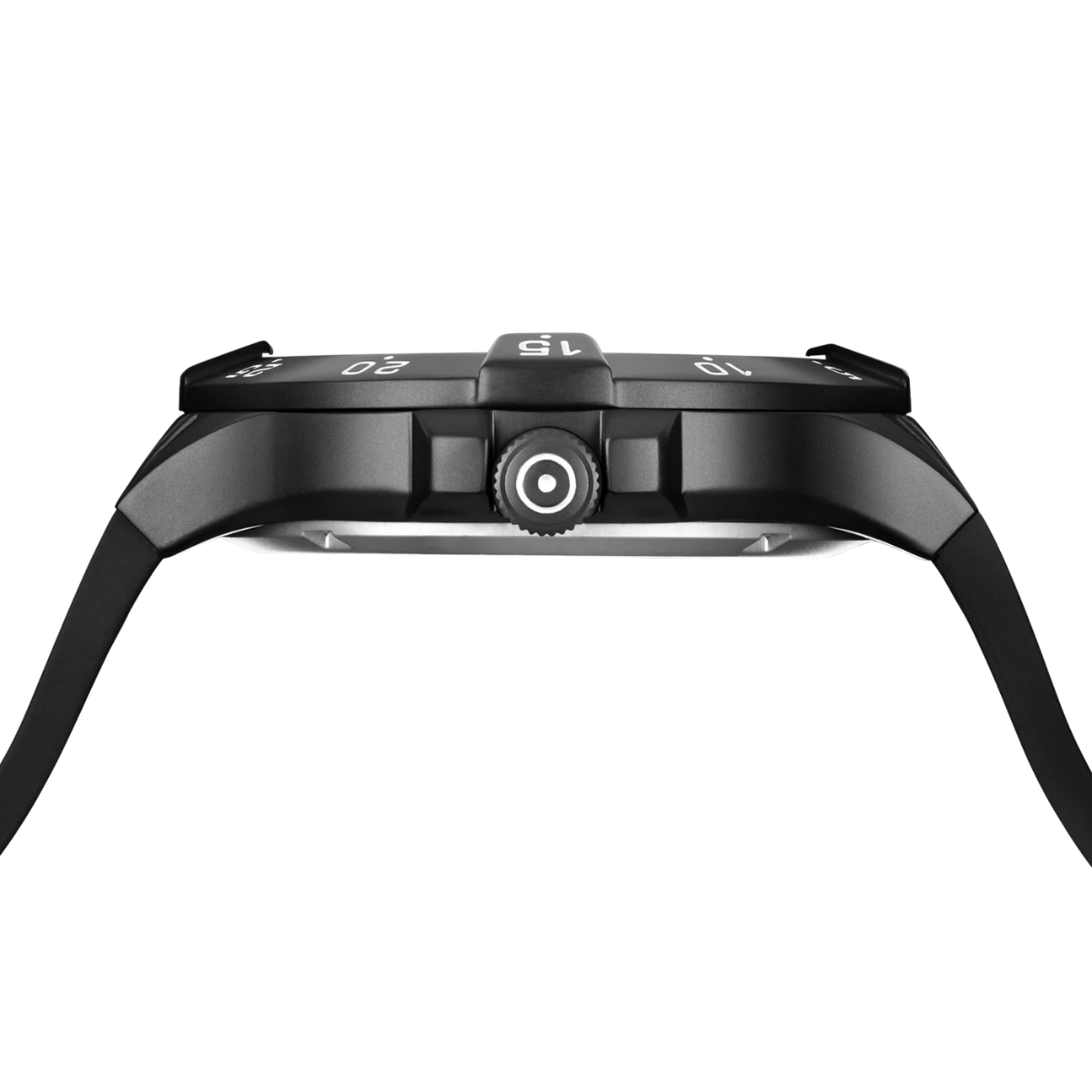 Side view showing crown of Black Stainless Steel Glock Watch With Black Silicone Band